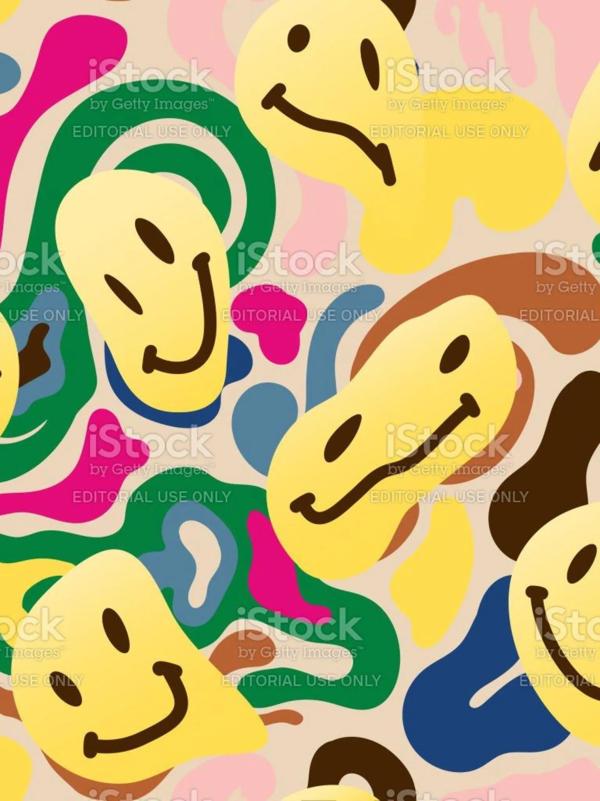 Trippy seamless patterned background of some melting smiley faces. 1990s Gen Z pattern by way of the 1960s.