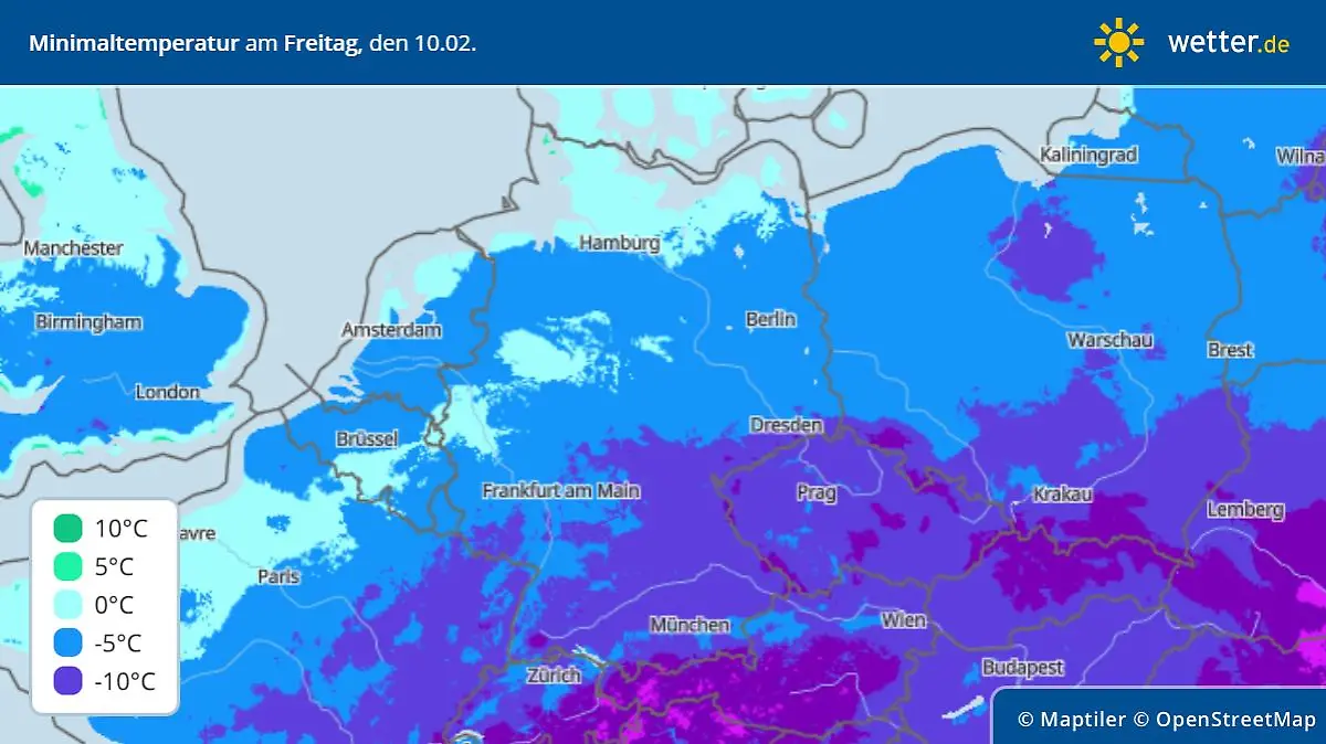 Tiefsttemperaturen am Freitag, 10. Februar 2023 in Deutschland