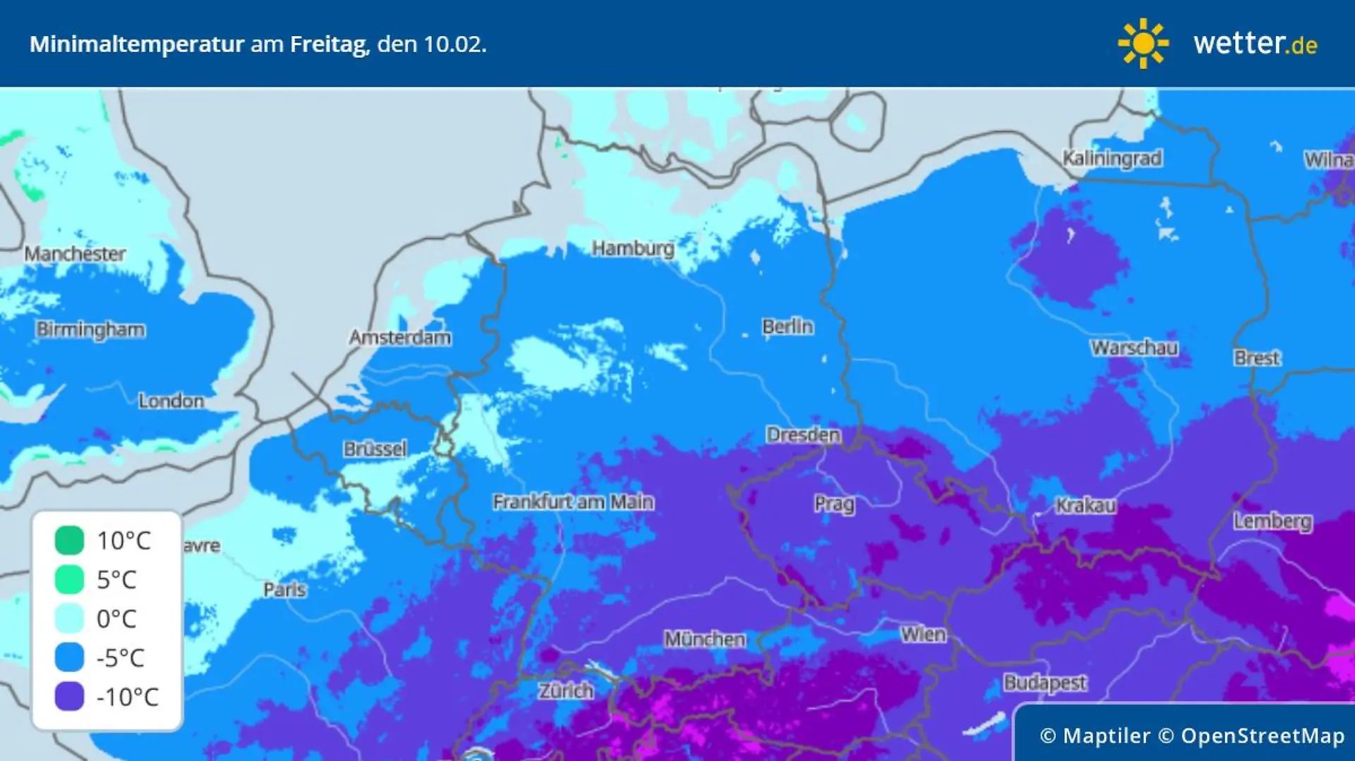 Tiefsttemperaturen am Freitag, 10. Februar 2023 in Deutschland