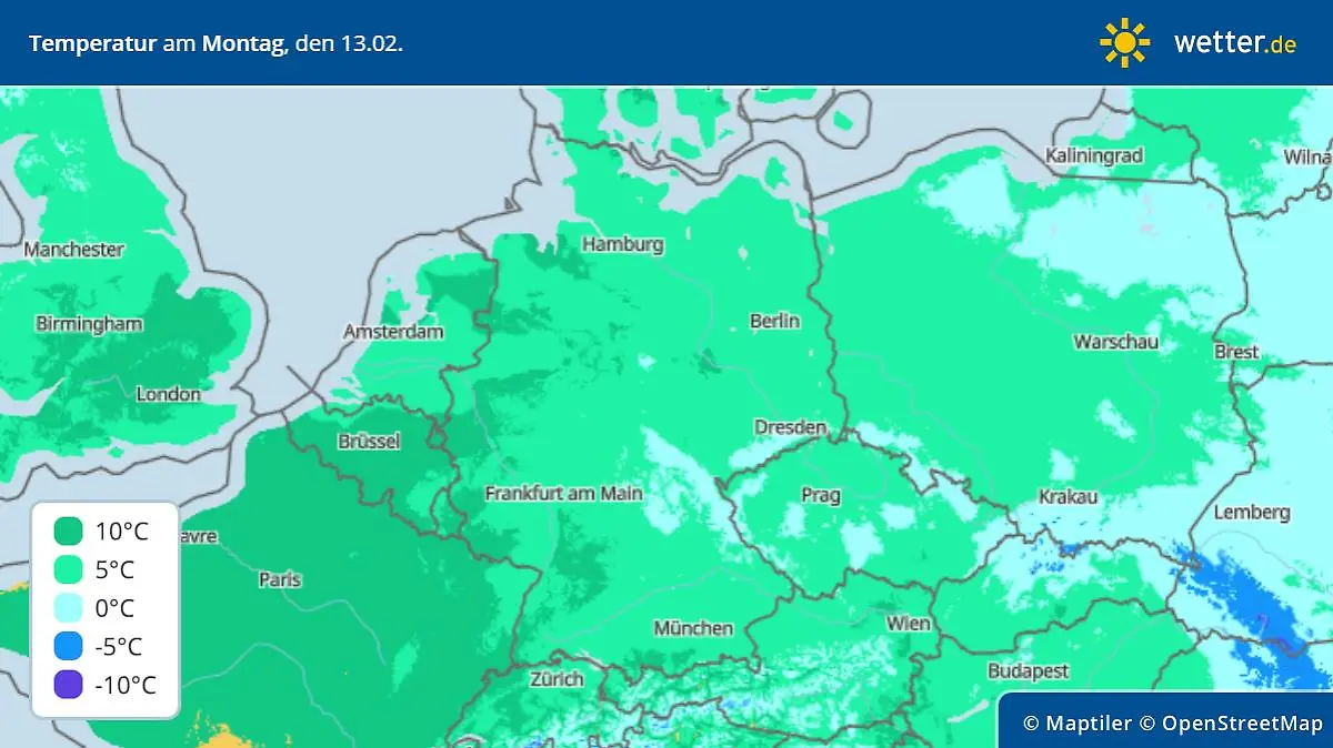 Höchsttemperaturen am Montag, 13. Februar in Deutschland