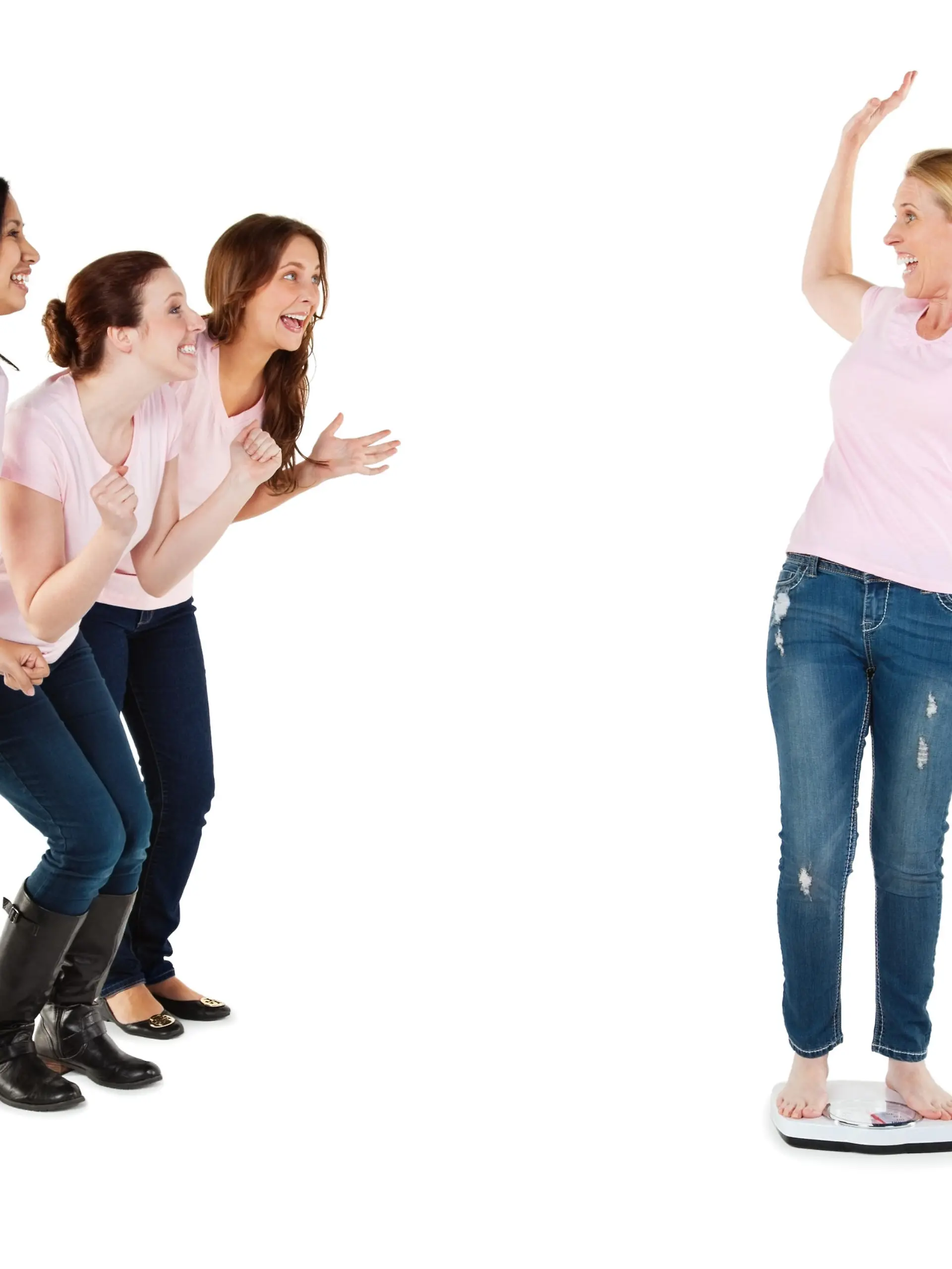 Excited Woman on Scale Being Encouraged By Her Friends. Isolated on White.See more from this series: