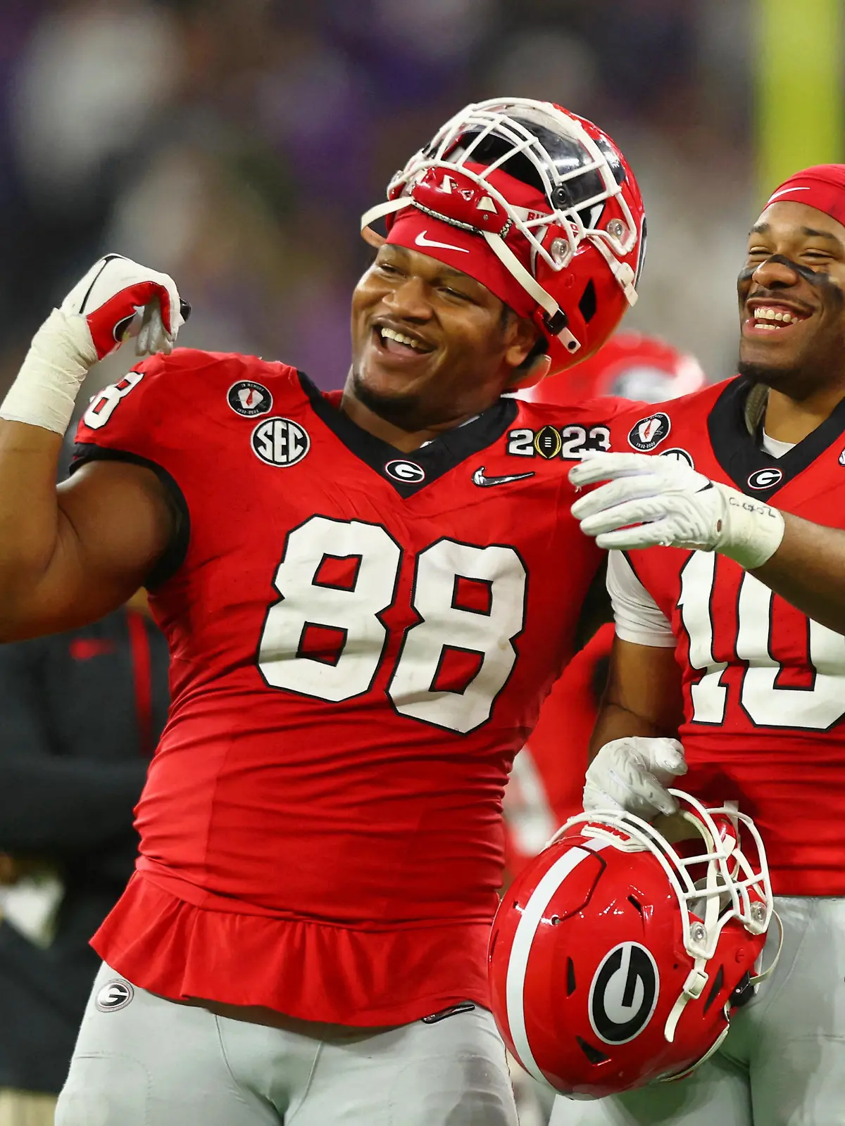 Jan 9, 2023; Inglewood, CA, USA; Georgia Bulldogs defensive lineman Jalen Carter (88) and linebacker Jamon Dumas-Johnson (10) react after a play against the TCU Horned Frogs during the fourth quarter of the CFP national championship game at SoFi Stadium. Mandatory Credit: Mark J. Rebilas-USA TODAY Sports