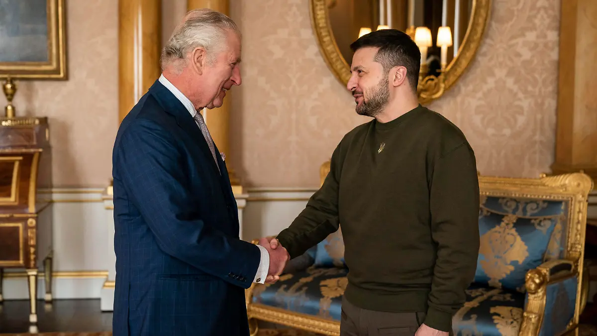 Britain's King Charles III holds an audience with Ukrainian President Volodymyr Zelensky at Buckingham Palace, London, Wednesday, Feb. 8, 2023. It is the first visit to the UK by the Ukraine President since the war began nearly a year ago. (Aaron Chown/PA via AP)