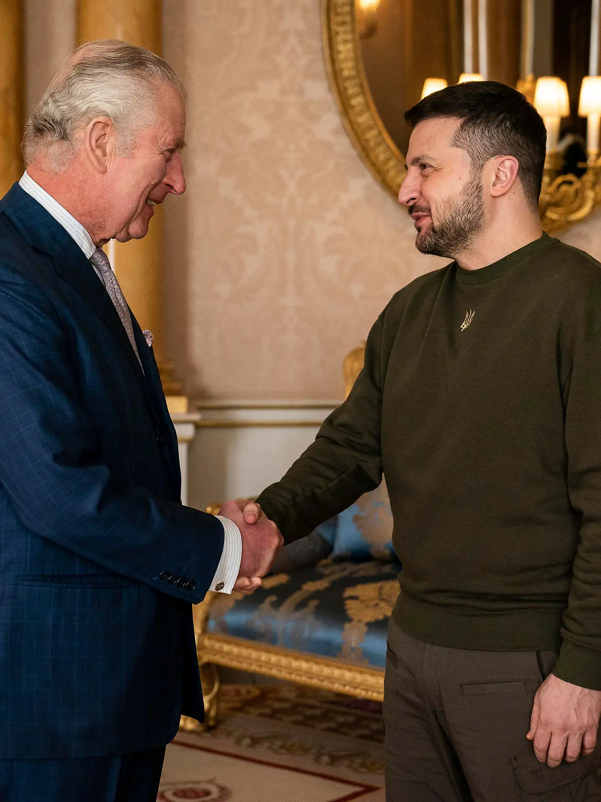 Britain's King Charles III holds an audience with Ukrainian President Volodymyr Zelensky at Buckingham Palace, London, Wednesday, Feb. 8, 2023. It is the first visit to the UK by the Ukraine President since the war began nearly a year ago. (Aaron Chown/PA via AP)