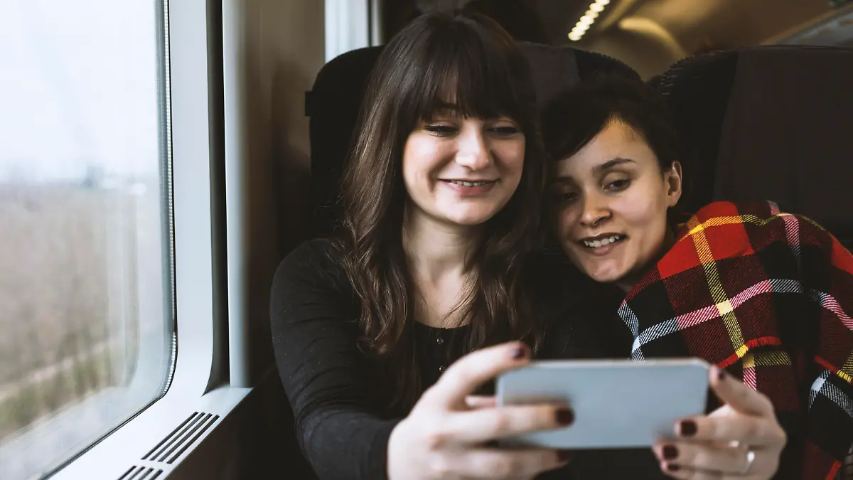 Two young woman taking a selfie on the train.