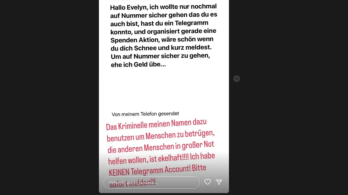 Evelyn teilt einen Screenshot von einer Fan-Nachricht.