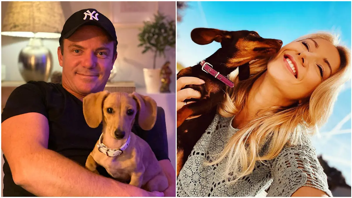 Stefan Mross kuschelt mit Dackel Loona, Anna-Carina Woitschack kuschelt mit Dackel Lotti.