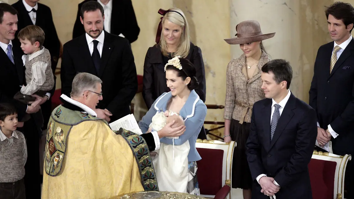 Prince Joachim, Prince Felix, Prince Nikolai, Crown Prince Haakon & Crown Princess Mette-Marit Of Norway, Crown Princess Victoria Of Sweden And Crown Prince Pavlos Of Greece Attend The Christening Of Crown Prince Frederik & Crown Princess Mary Of Denmark'S Son Christian Valdemar Henri John At The Palace Chapel, Christiansborg Palace, Followed By A Reception In The Great Hall. (Photo by Julian Parker/UK Press via Getty Images)