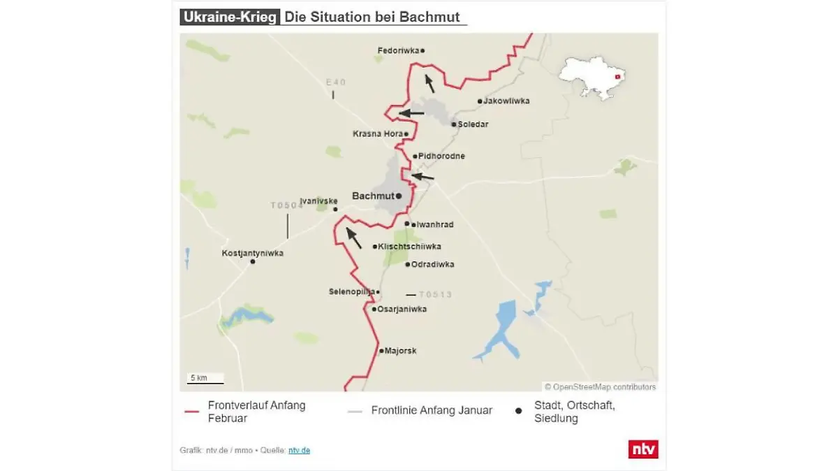 Die Karte zeigt die aktuelle Situation bei Bachmut - den Frontverlauf zwischen der Ukraine und Russland Anfang Februar sowie Anfang Januar.