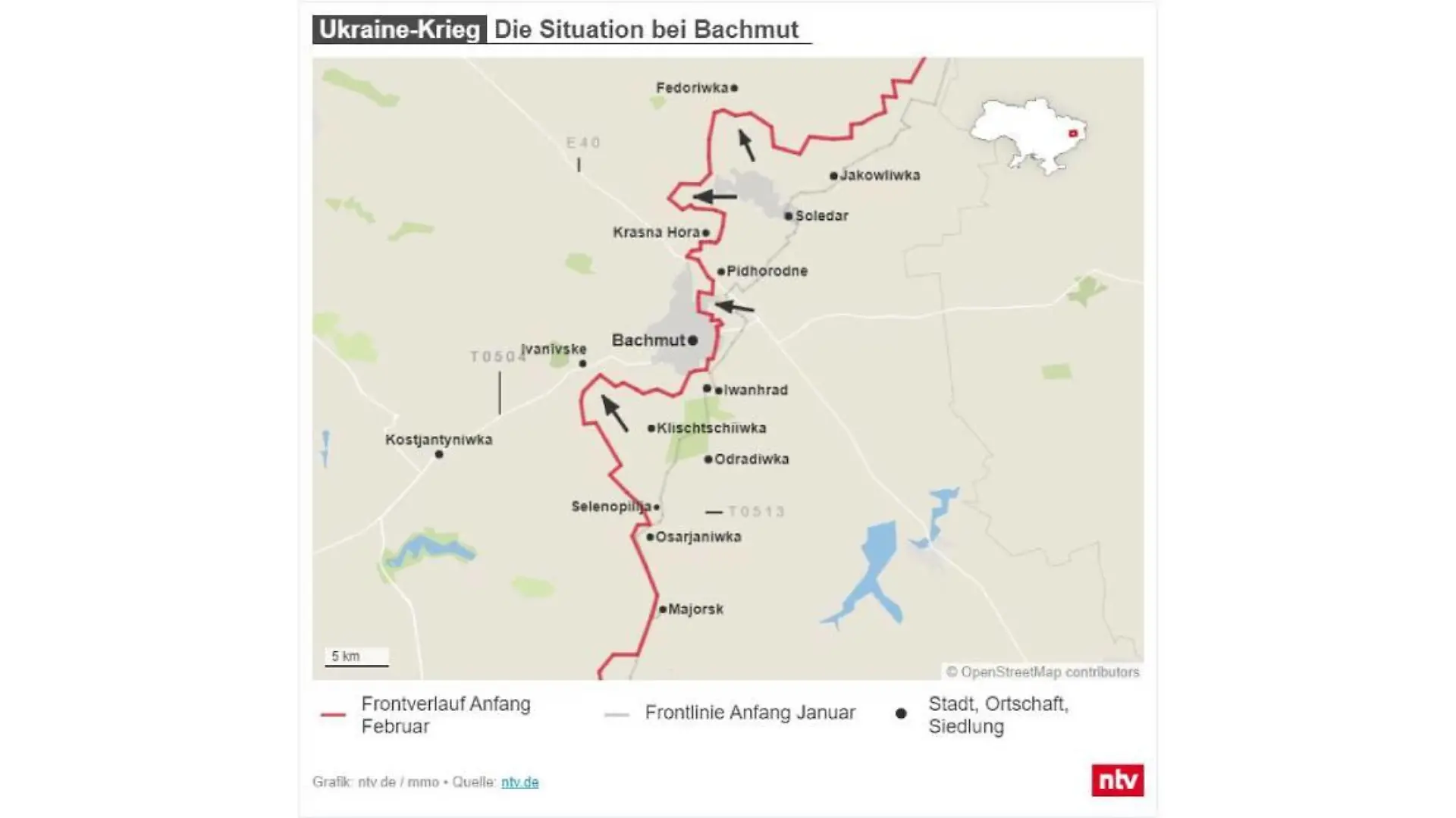 Die Karte zeigt die aktuelle Situation bei Bachmut - den Frontverlauf zwischen der Ukraine und Russland Anfang Februar sowie Anfang Januar.