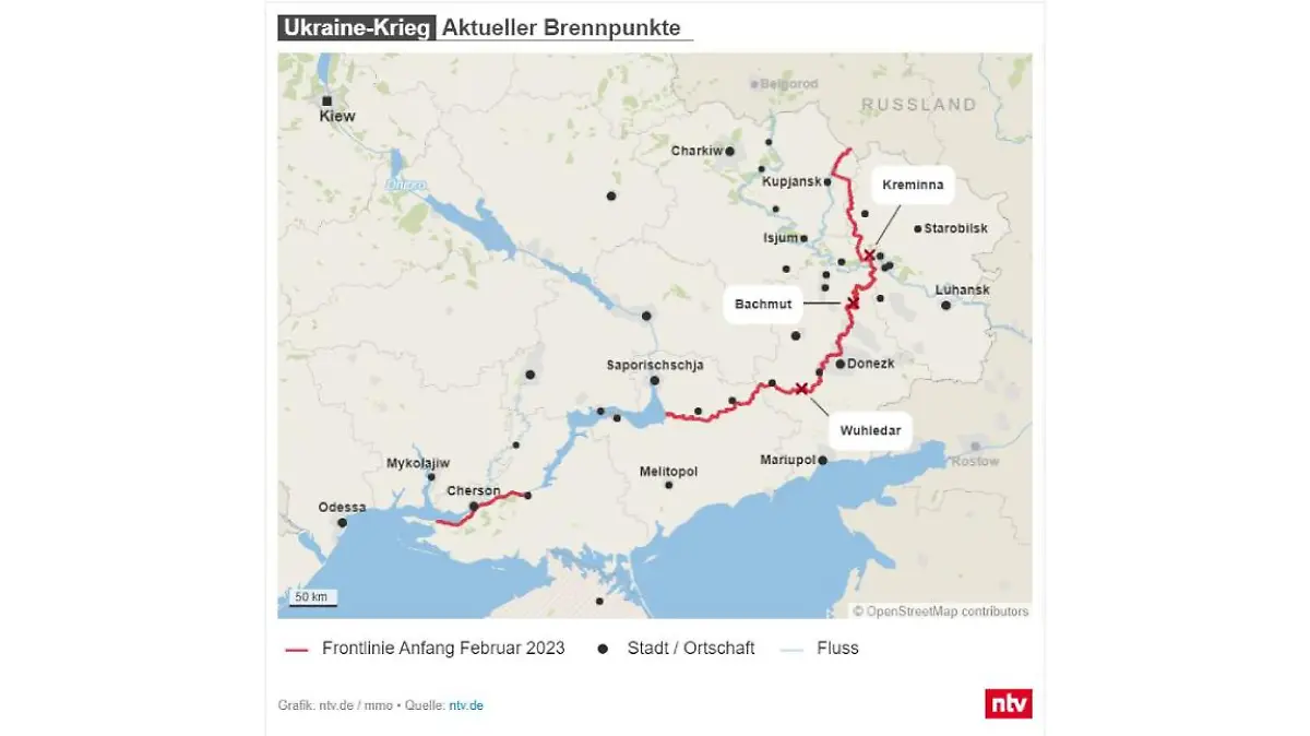 Die Karte zeigt aktuelle Brennpunkte im Ukrainekrieg entlang des Frontverlaufs und auch abseits davon -so unter anderem in Bachmut.