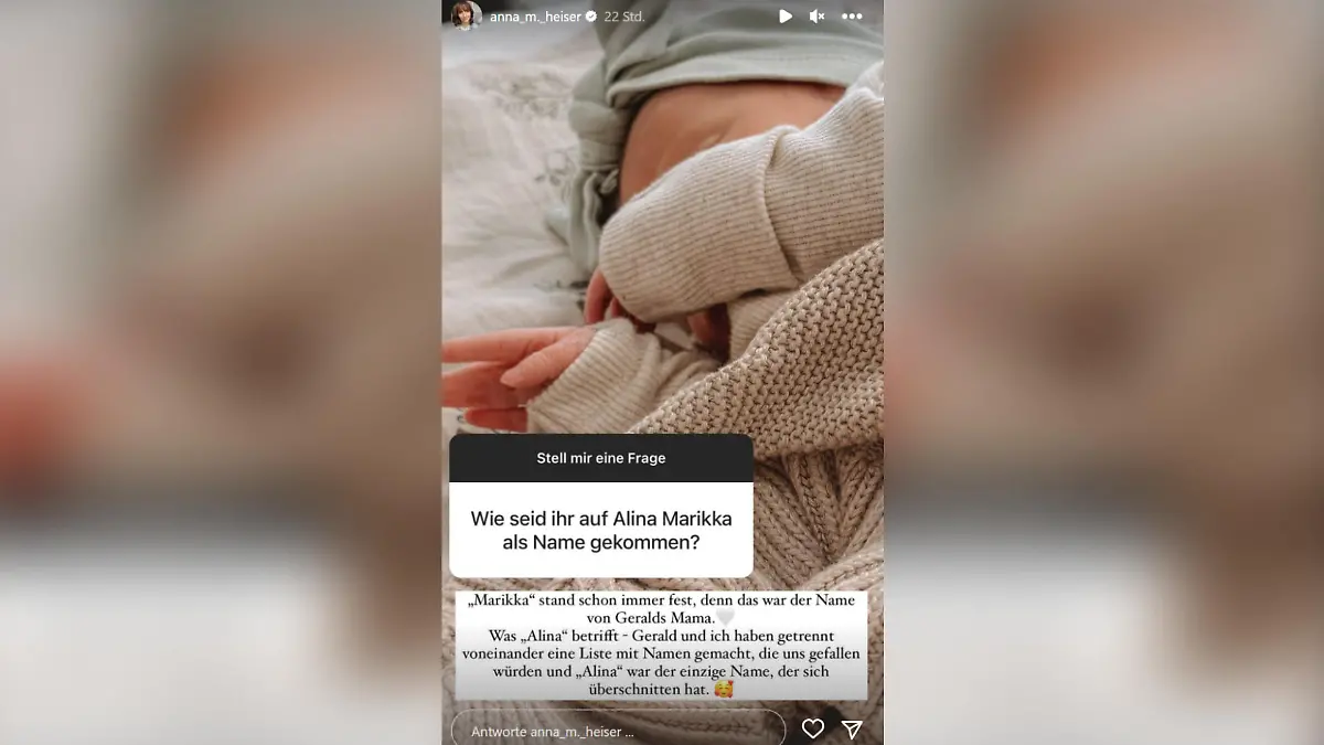 In einer Instagram-Fragerunde verrät Anna Heiser, welche Geschichte hinter dem Vornamen ihrer kleinen Tochter steckt. Quelle: instagram/anna_m._heiser