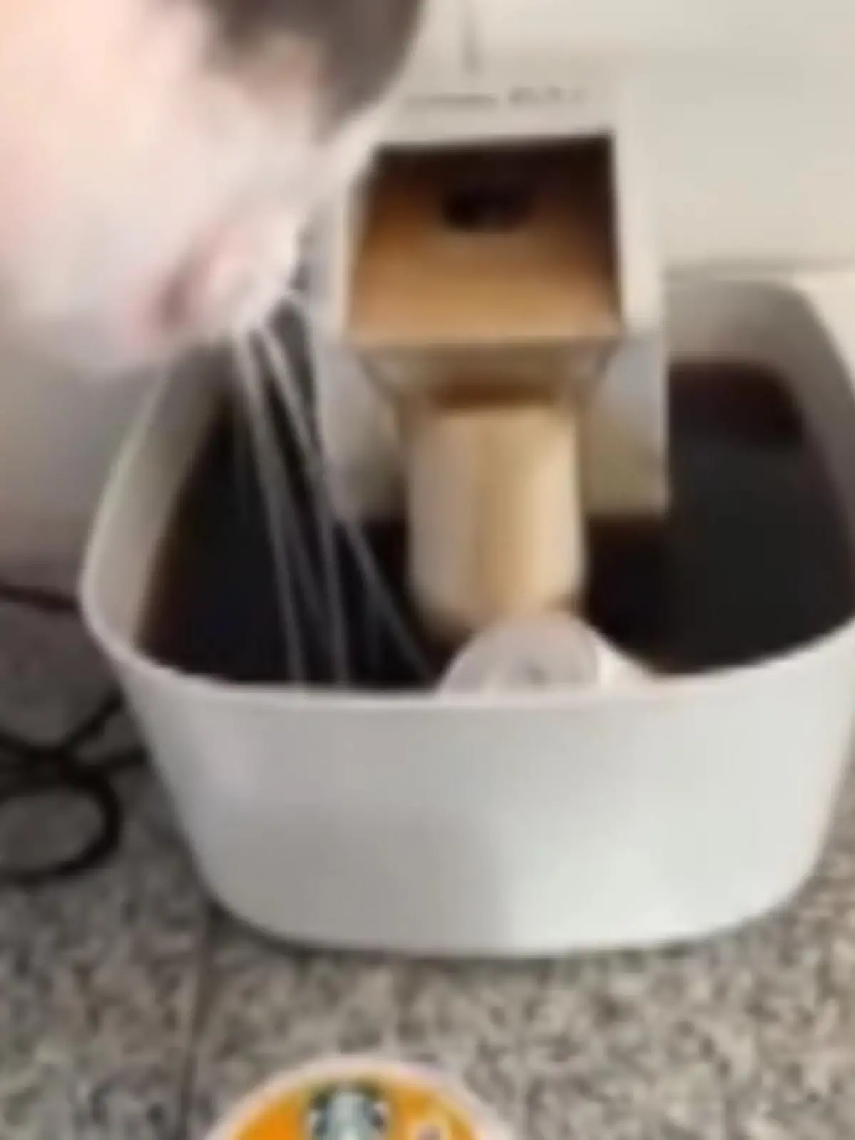 Sidney aus Stockton, Kalifornien traut beim Blick auf die Küchentheke ihren Augen kaum: Der Katzenwasserbrunnen neben der Kaffeemaschine plätschert plötzlich nicht mehr klar, sondern braun! Ihre Katze hat wohl ihre Barista-Fähigkeiten getestet.