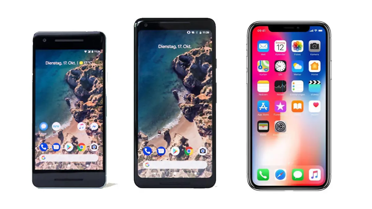 Die Google Smartphones Pixel 2 und Pixel 2 XL im Vergleich zu Apples iPhone X.