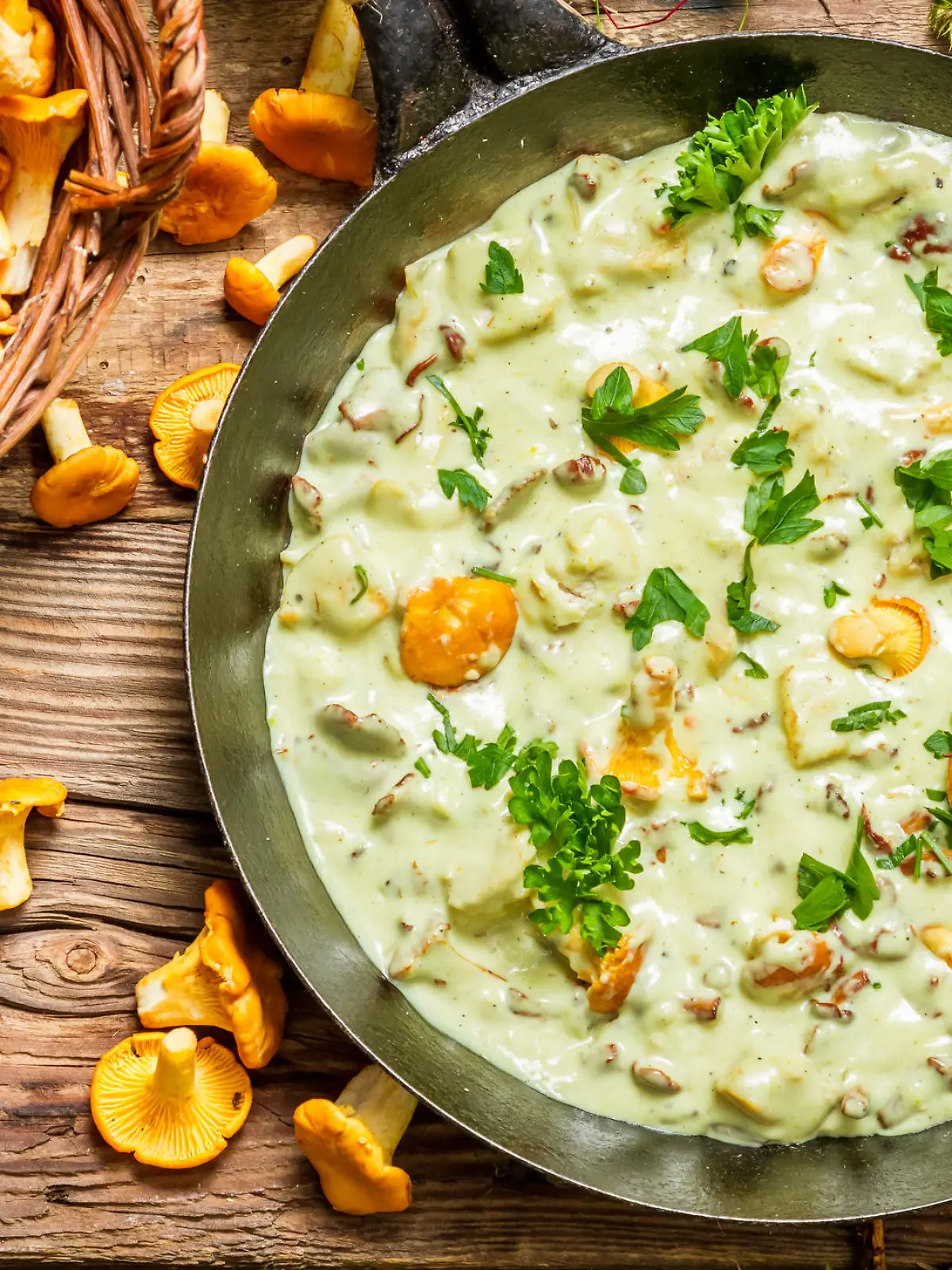 Fresh mushrooms cooked in a pan with cream.