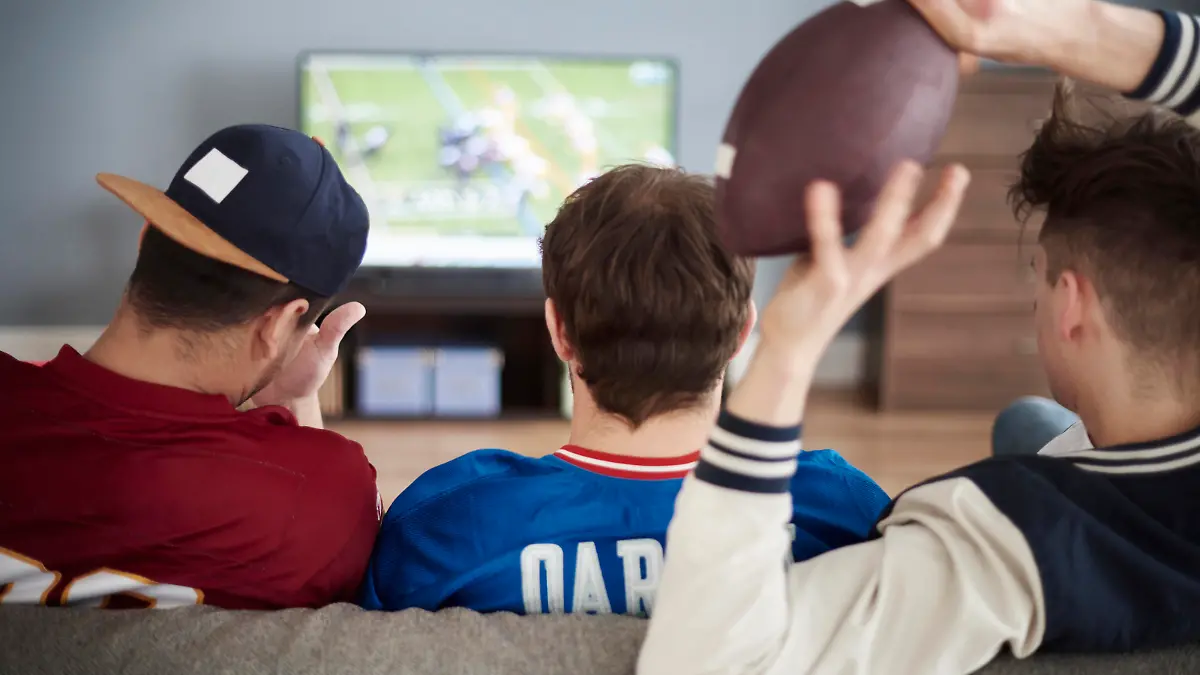 Rear view of male friends and tv on the background