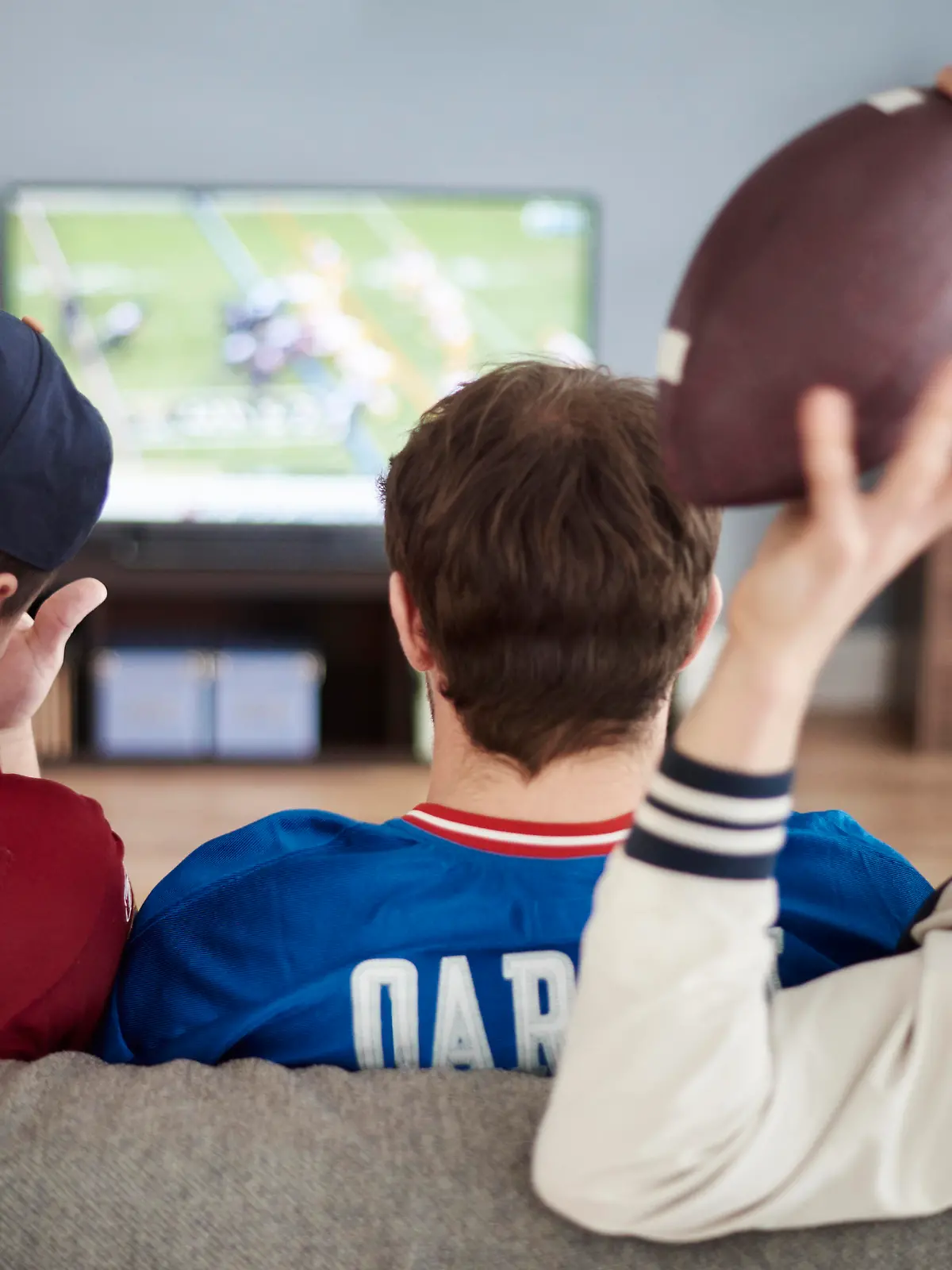 Rear view of male friends and tv on the background
