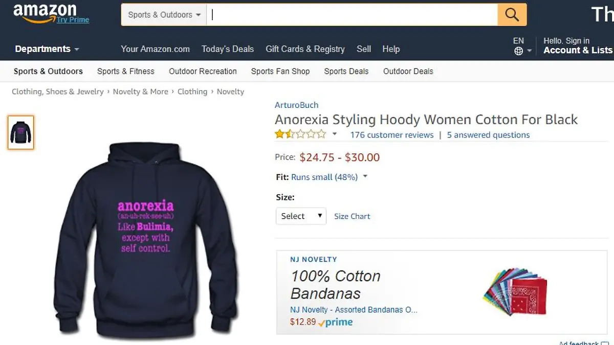 Ein Drittverkäufer vertreibt bei Amazon einen Print-Pullover, der Magersucht verharmlost.