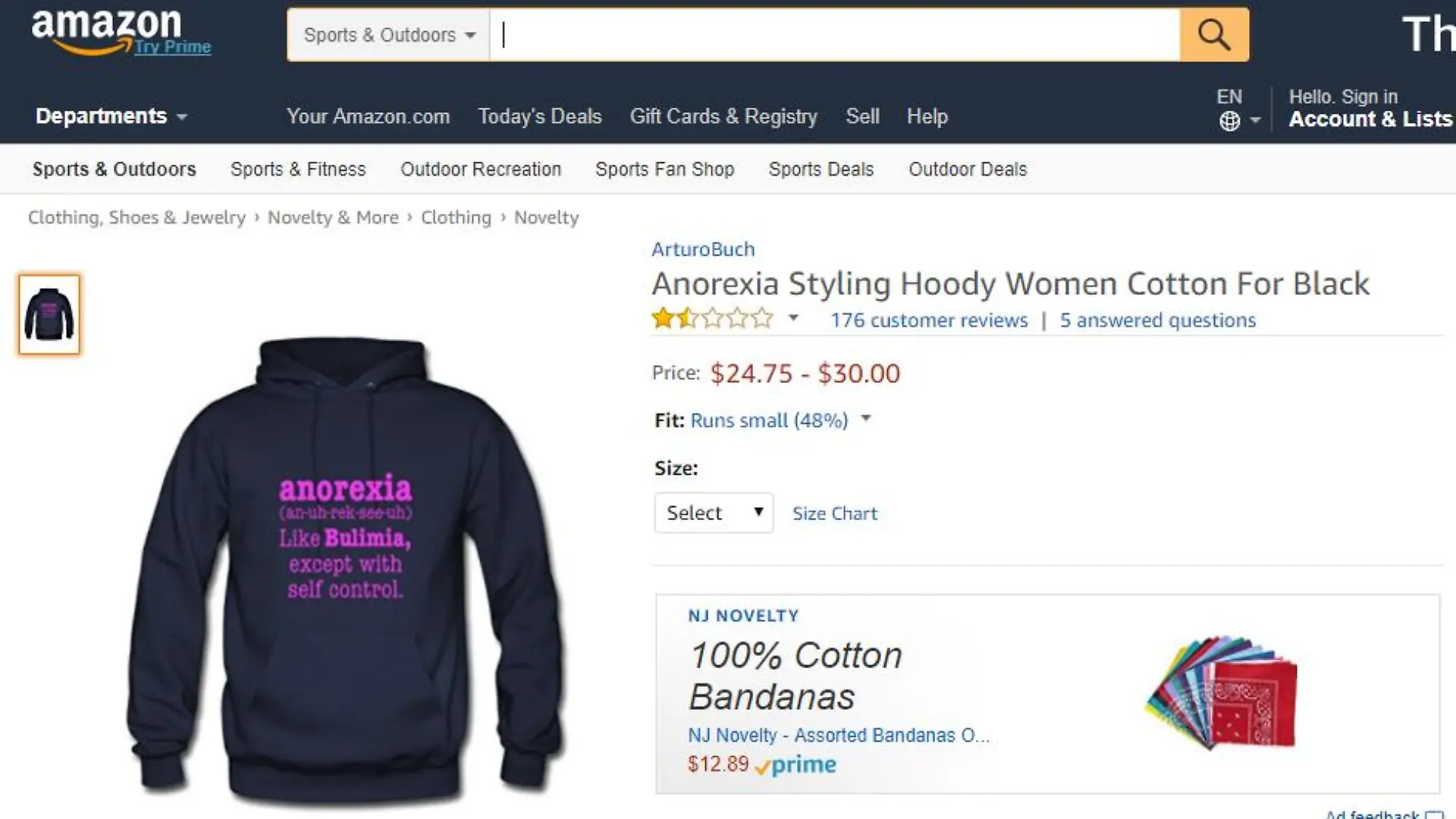 Ein Drittverkäufer vertreibt bei Amazon einen Print-Pullover, der Magersucht verharmlost.