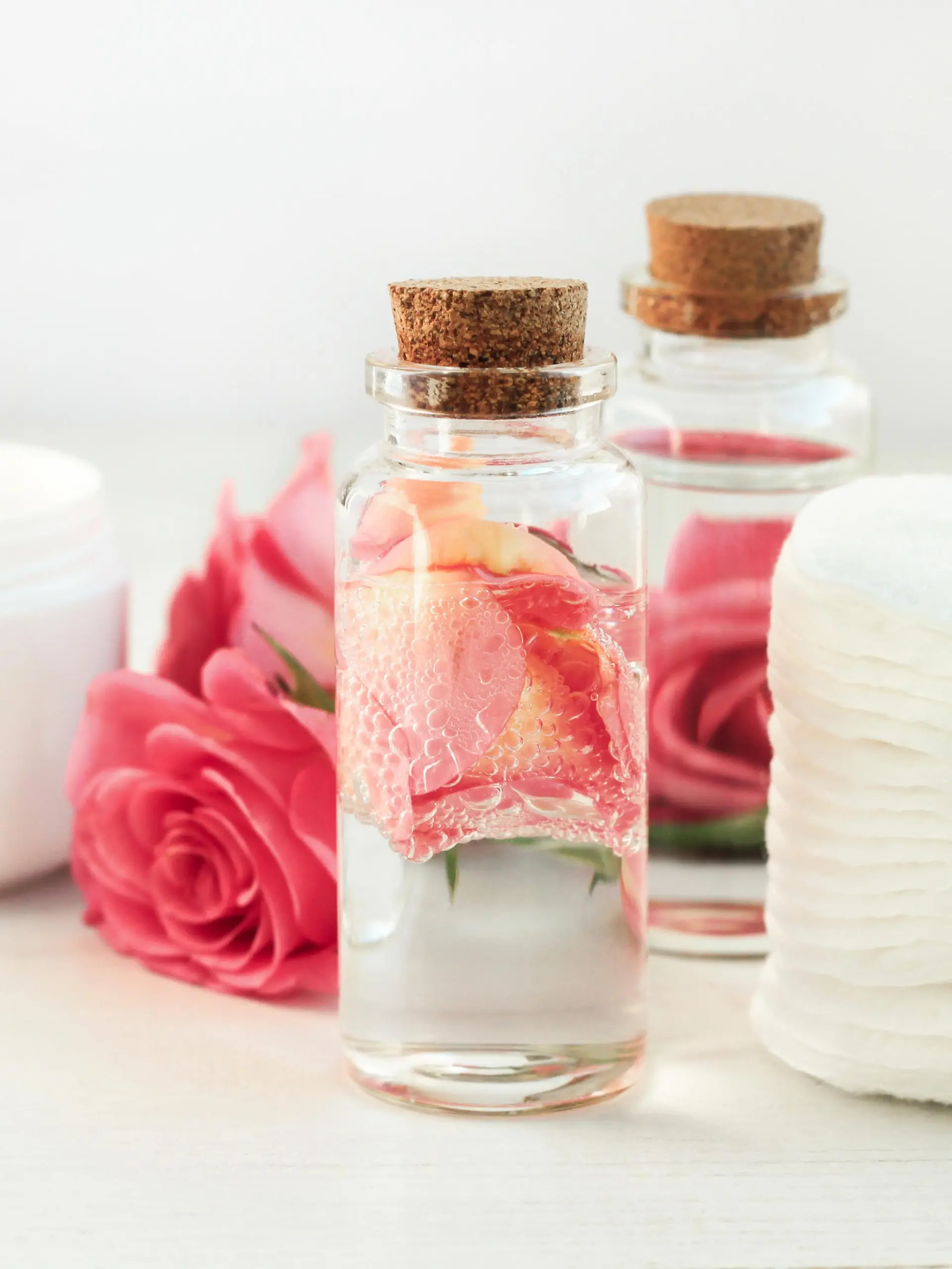 Glass bottle with attar bubbles and rose petals, cotton pads. Healing homemade skincare moisture toni