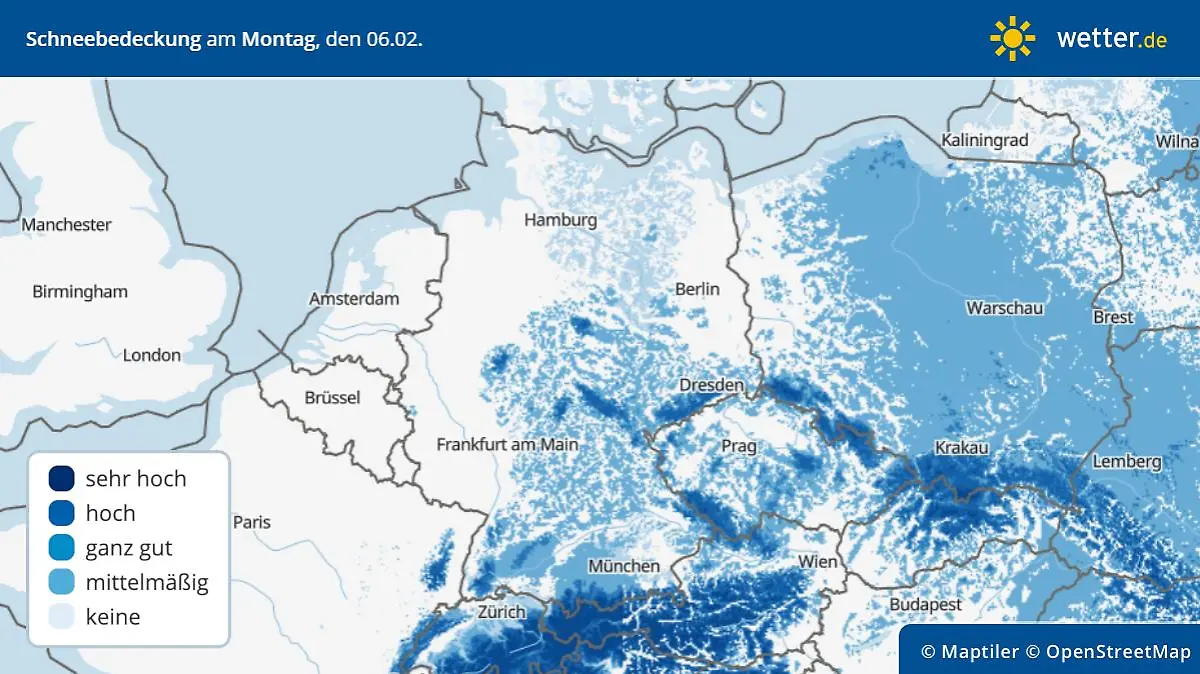 Die Grafik zeigt die Schneebedeckung am Montagmorgen, 06.02.2023