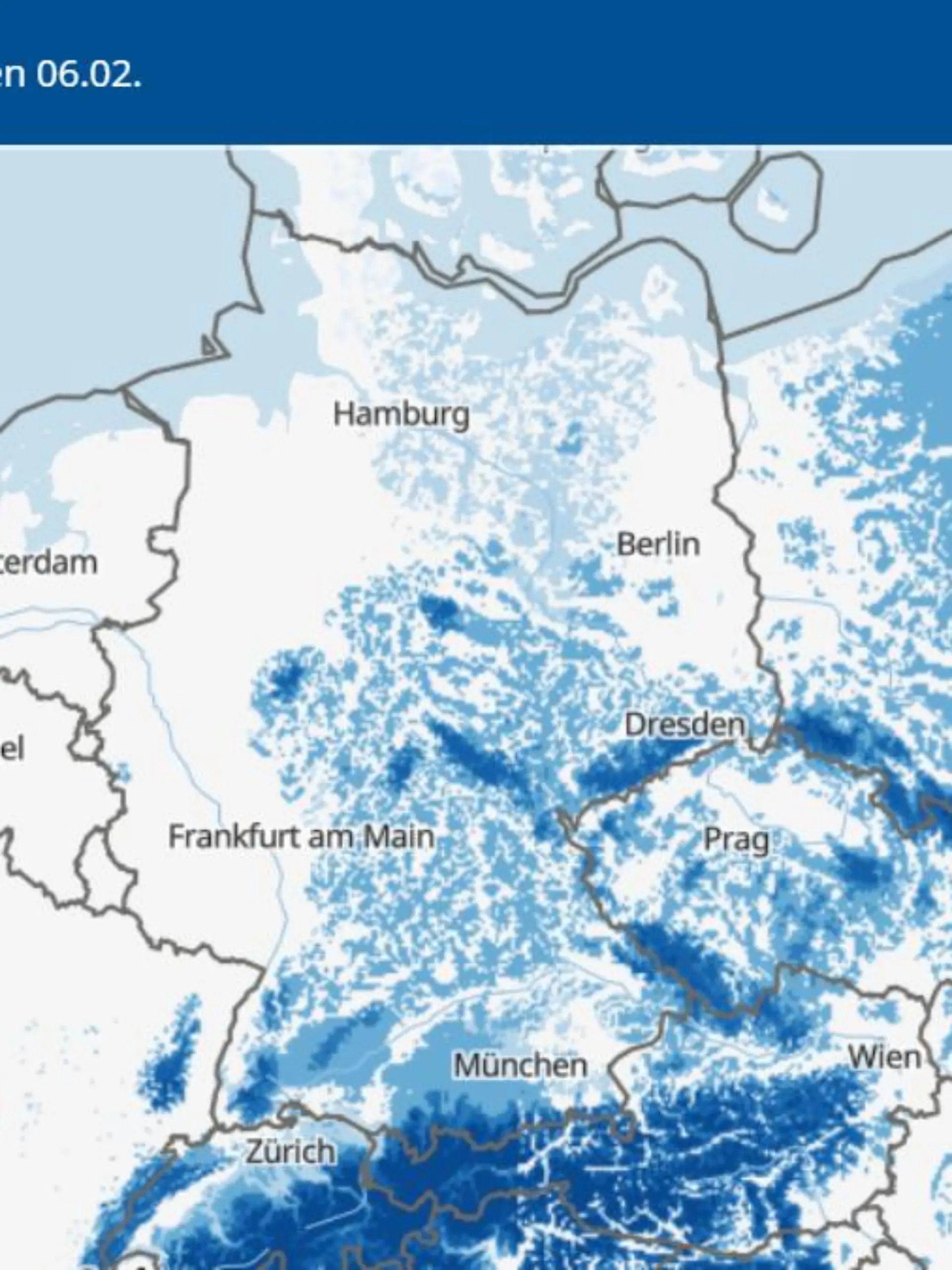 Die Grafik zeigt die Schneebedeckung am Montagmorgen, 06.02.2023