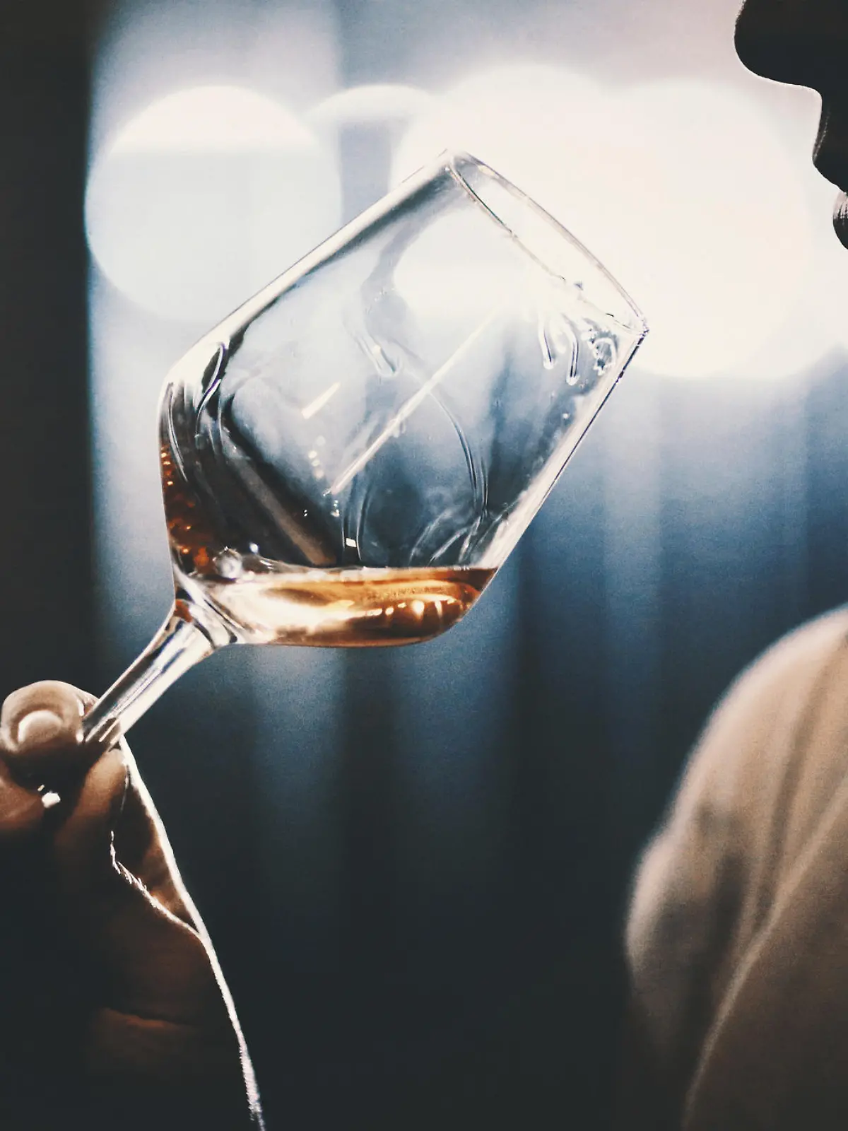 Closeup of unrecognizable adult man slightly swirling a glass of rose wine under his nose and trying to catch bouquet. She's in a wine cellar, there are blurry metal tanks in background. Backlit