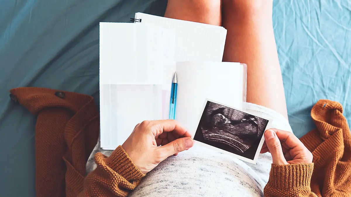 Pregnant woman makes notes, looking at ultrasound image and medical documents. Concept of pregnancy, health care, gynecology, medicine. Mother waiting of baby. Close-up, copy space, indoors.