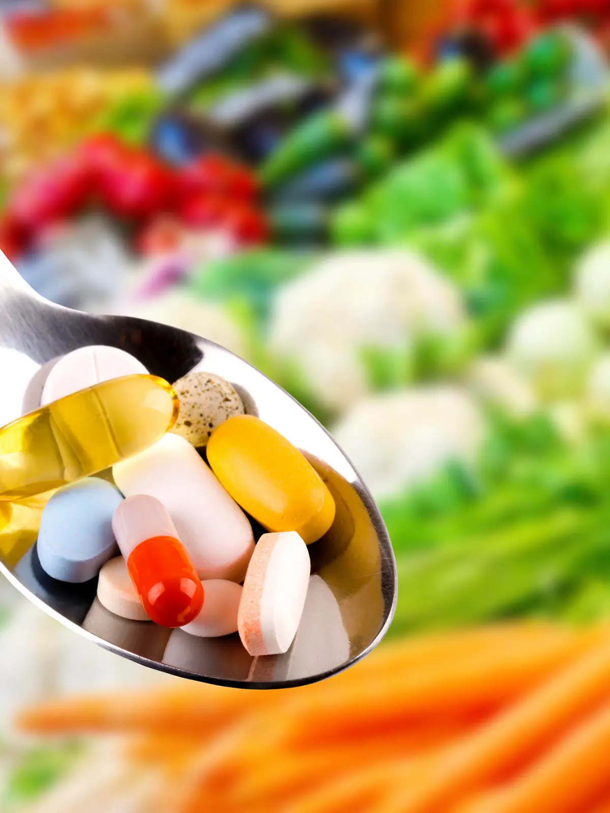 spoon with variety of pills, dietary supplements on blurred vegetables background