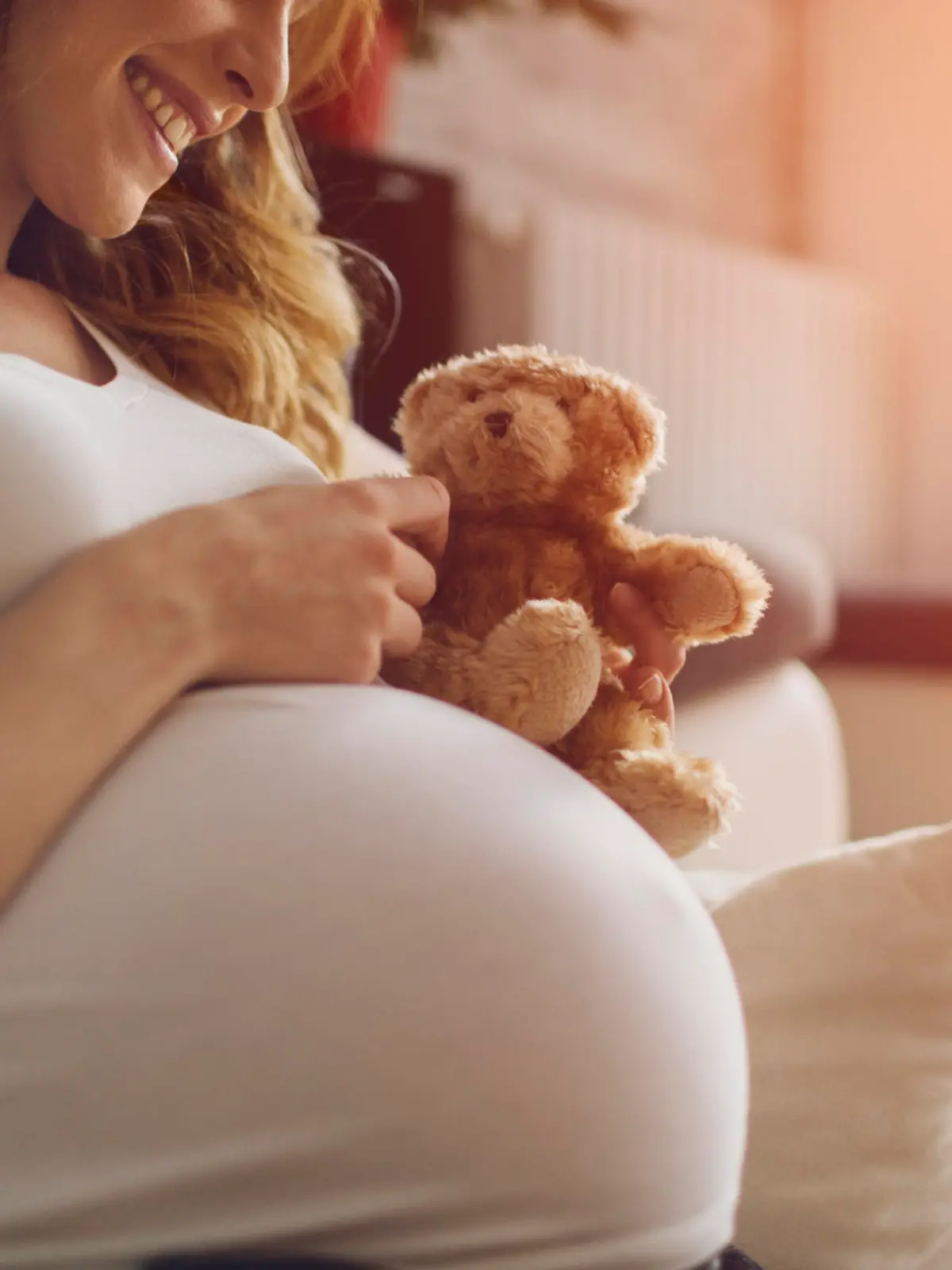 Pregnant Woman Holding Teddy Bear and smiling, sitting on the floor in her living room.  Wearing white T-shirt . Woman has brown curly hair and beautiful smile. Sunlight in background.