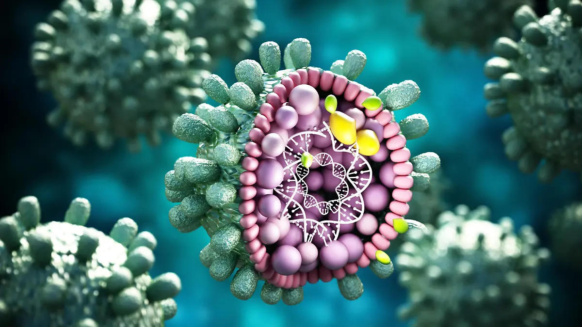 Structural detail of Hepatitis B virus on blue-green background. 3D illustration.