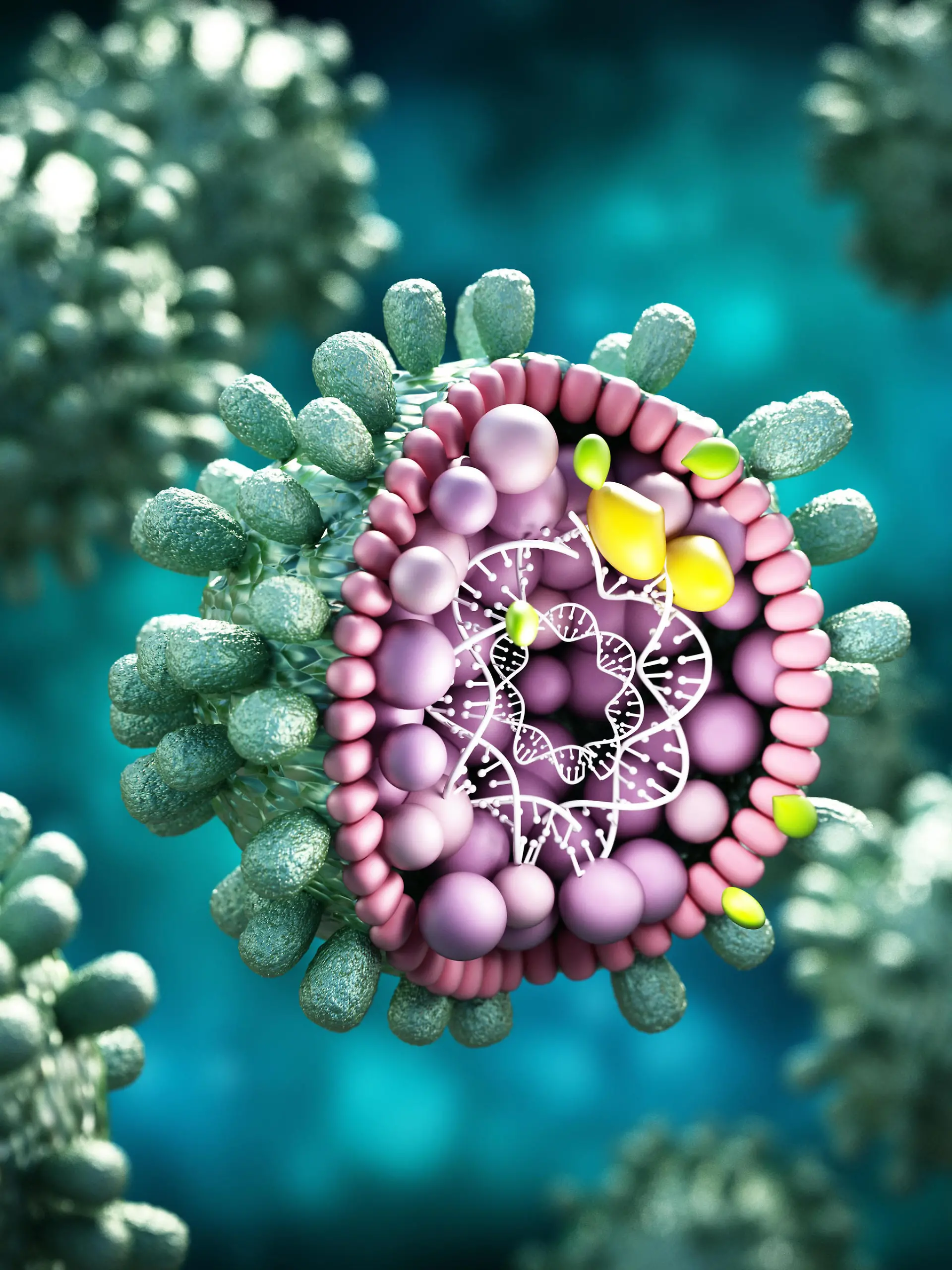 Structural detail of Hepatitis B virus on blue-green background. 3D illustration.