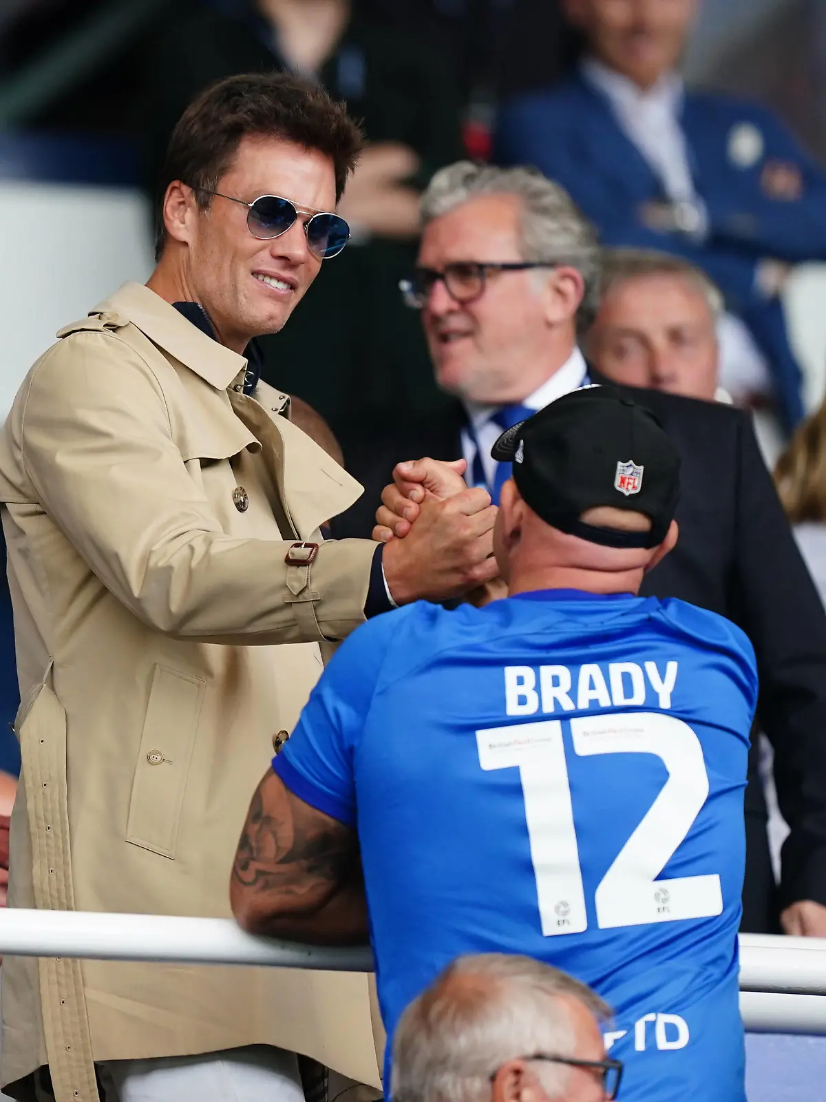 Birmingham City v Leeds United - Sky Bet Championship - St. Andrew s Birmingham City co-owner Tom Brady meets fans in the stands at half-time during the Sky Bet Championship match at St. Andrew s, Birmingham. Picture date: Saturday August 12, 2023. EDITORIAL USE ONLY No use with unauthorised audio, video, data, fixture lists, club/league logos or live services. Online in-match use limited to 120 images, no video emulation. No use in betting, games or single club/league/player publications. PUBLICATIONxNOTxINxUKxIRL Copyright: xMikexEgertonx 73308365
