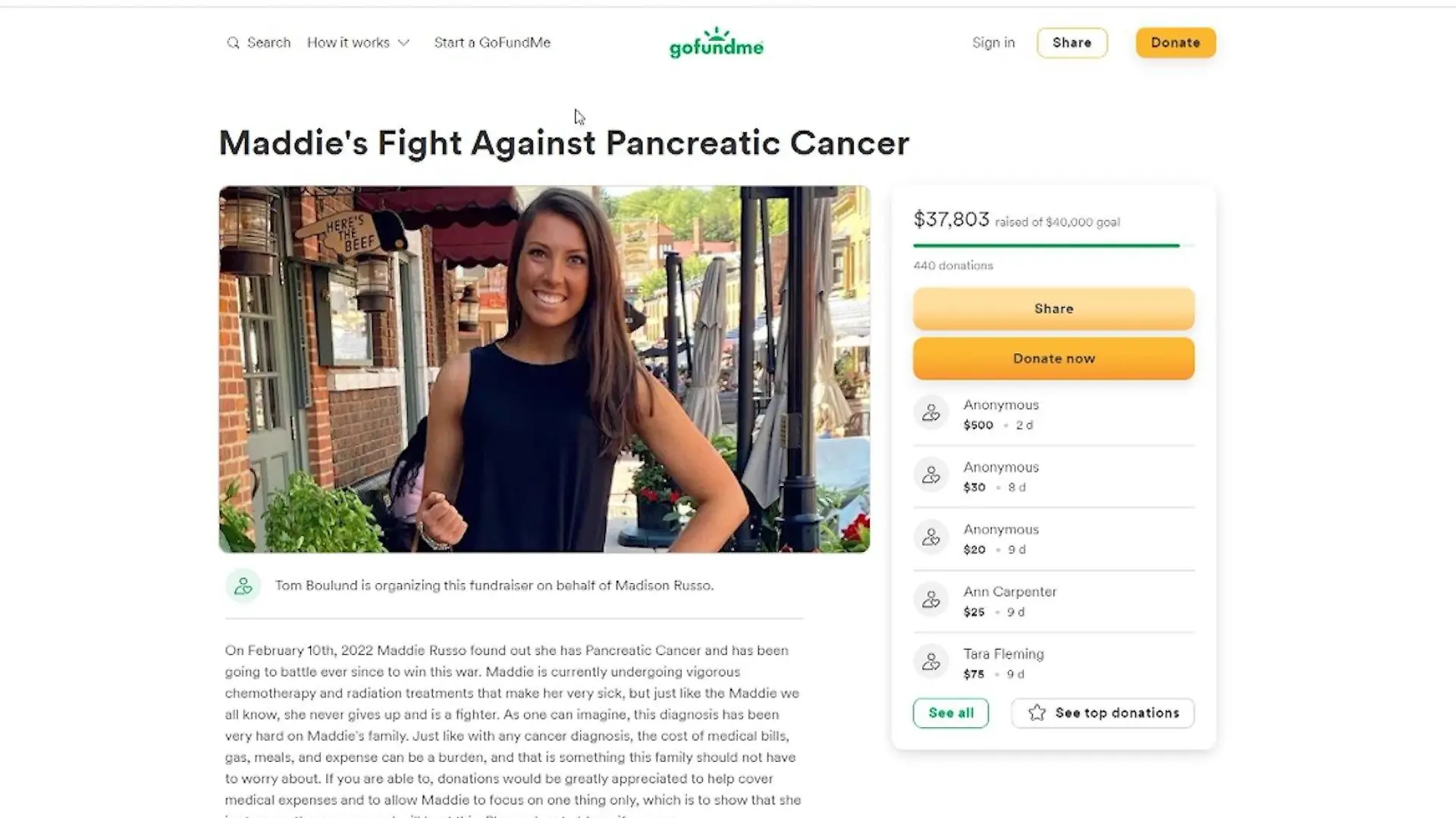 Die GoFundMe-Spendenkampagne durch die Maddie Russo mehr als 37.000 Dollar Spendengelder eingenommen hat.