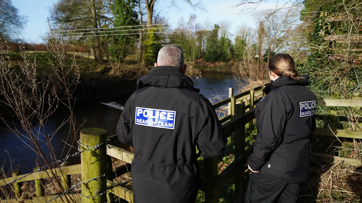 Nicola Bulley missing. Officers from Lancashire Police searching for missing woman Nicola Bulley, 45, from Inskip, Lancashire, who was last seen on the morning of Friday January 27, when she was spotted walking her dog on a footpath by the River Wyre off Garstang Road in St Michael's on Wyre, Lancashire. Picture date: Monday January 30, 2023. Searches have been carried out by Lancashire Police using drones and police dogs over the weekend, with support from Lancashire Fire and Rescue Service, Bowland Pennine Mountain Rescue team and the North West Underwater Search Team. See PA story POLICE Bulley. Photo credit should read: Peter Byrne/PA Wire URN:70794380