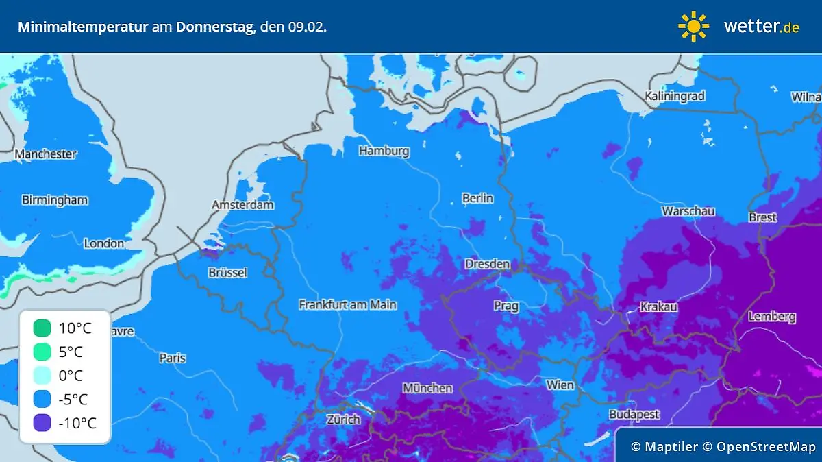 Die Grafik zeigt die Tiefstwerte von Mittwoch auf Donnerstag (08./09.02.2023)