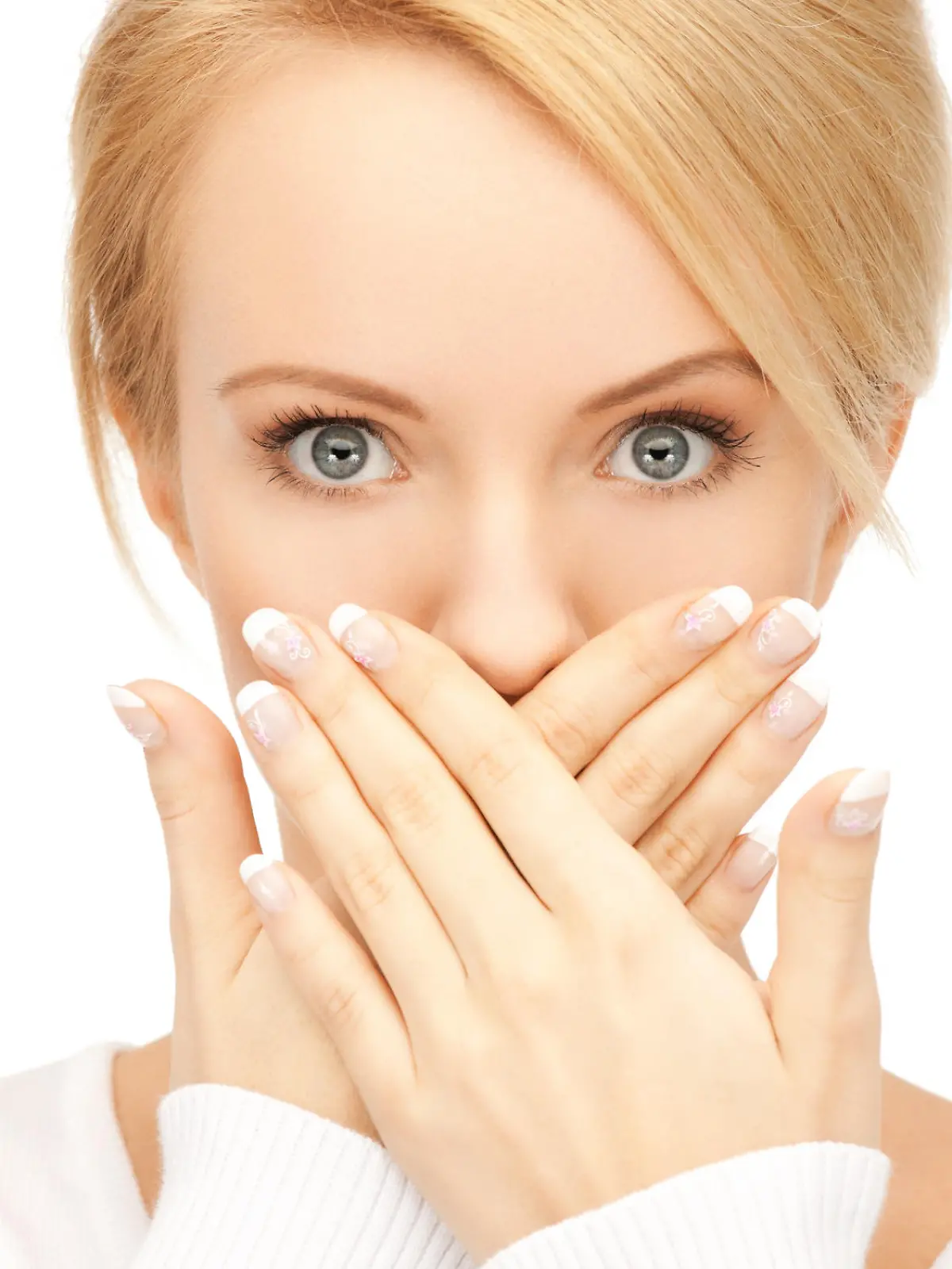 picture of amazed woman with hand over mouth.