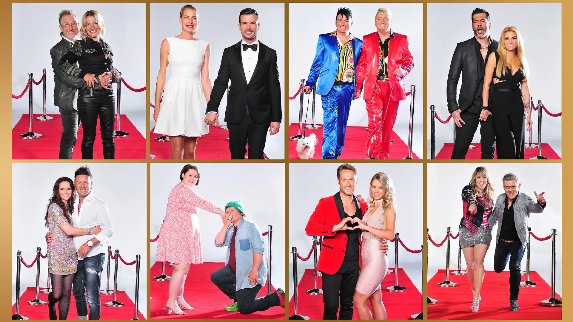 Diese acht Paare kämpfen um den Titel _DAS Promipaar 2017_: (oben v.l.) Schauspieler Martin (61) und Ehefrau Sonja Semmelrogge (53), Model und D-Jane Giulia Siegel (42) und ihr Partner Gourmet-Koch Ludwig Heer (36), Das schwule, bunte und schrille _Hot oder Schrott_ TV-Paar aus Bayern, Hubert Fella (49) und Matthias Mangiapane (34), Model und _Bachelorette_-Macho Aurelio Savina (39) und Freundin Lisa Freidinger (28). (unten v.l.) Ex-Dschungelcamperin Helena Fürst (43) und Schlagersänger Ennesto Monte (42), TV-Schrottstar Manfred _Manni_ Ludolf (54) mit seiner offiziell zusammengeschweißten Frau Jana Ludolf (30), Model und Sänger Nico Schwanz (39) und Ex-_Bachelor_-Kandidatin Saskia Atzerodt (25), NDW-Star und _Ich will Spaß_-Sänger Markus Mörl (57) mit Sängerin und _Mallorca Queen_ Yvonne König (46).