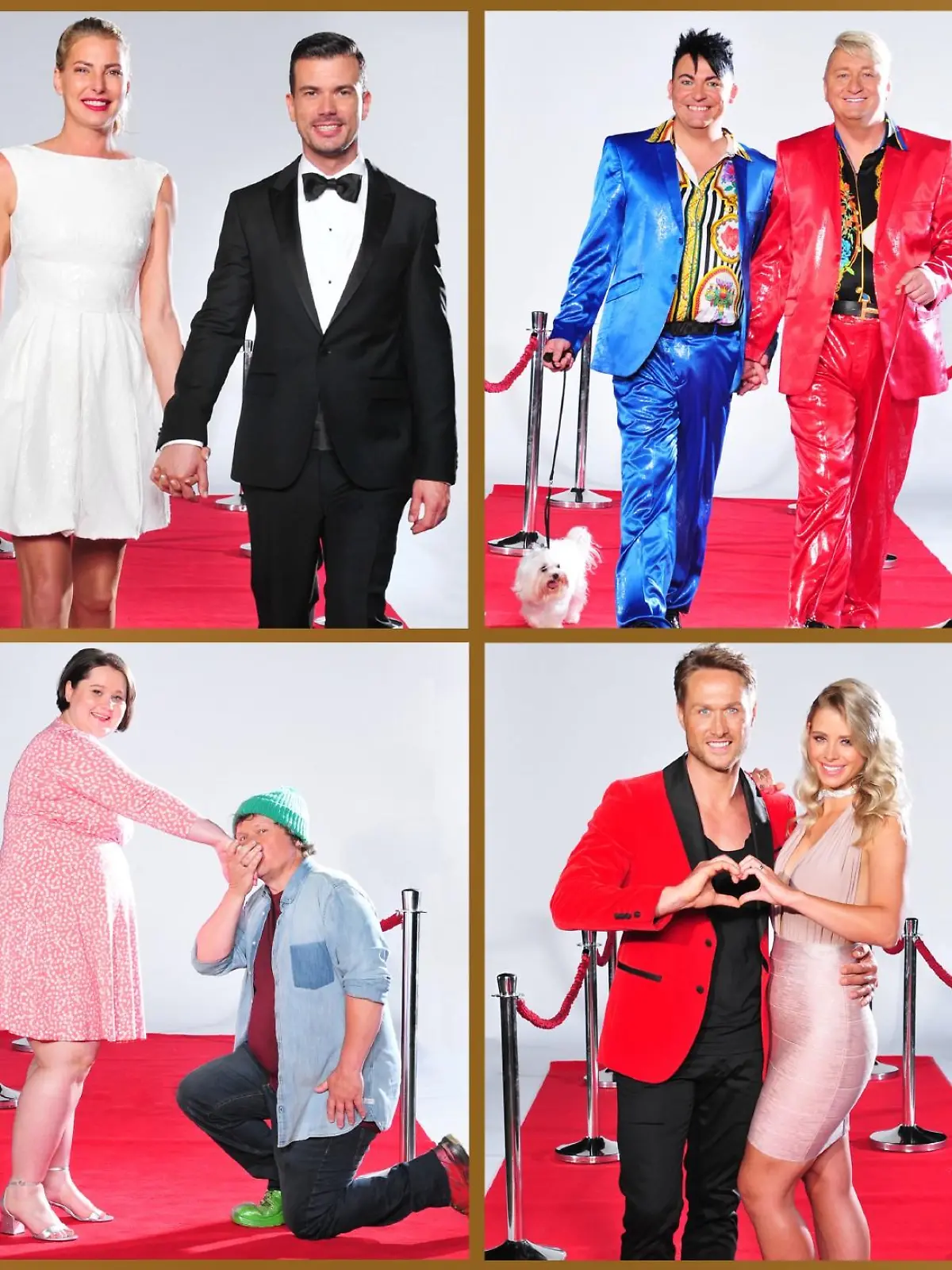 Diese acht Paare kämpfen um den Titel _DAS Promipaar 2017_: (oben v.l.) Schauspieler Martin (61) und Ehefrau Sonja Semmelrogge (53), Model und D-Jane Giulia Siegel (42) und ihr Partner Gourmet-Koch Ludwig Heer (36), Das schwule, bunte und schrille _Hot oder Schrott_ TV-Paar aus Bayern, Hubert Fella (49) und Matthias Mangiapane (34), Model und _Bachelorette_-Macho Aurelio Savina (39) und Freundin Lisa Freidinger (28). (unten v.l.)  Ex-Dschungelcamperin Helena Fürst (43) und Schlagersänger Ennesto Monte (42), TV-Schrottstar Manfred _Manni_ Ludolf (54) mit seiner offiziell zusammengeschweißten Frau Jana Ludolf (30), Model und Sänger Nico Schwanz (39) und Ex-_Bachelor_-Kandidatin Saskia Atzerodt (25),  NDW-Star und _Ich will Spaß_-Sänger Markus Mörl (57) mit Sängerin und _Mallorca Queen_ Yvonne König (46).
