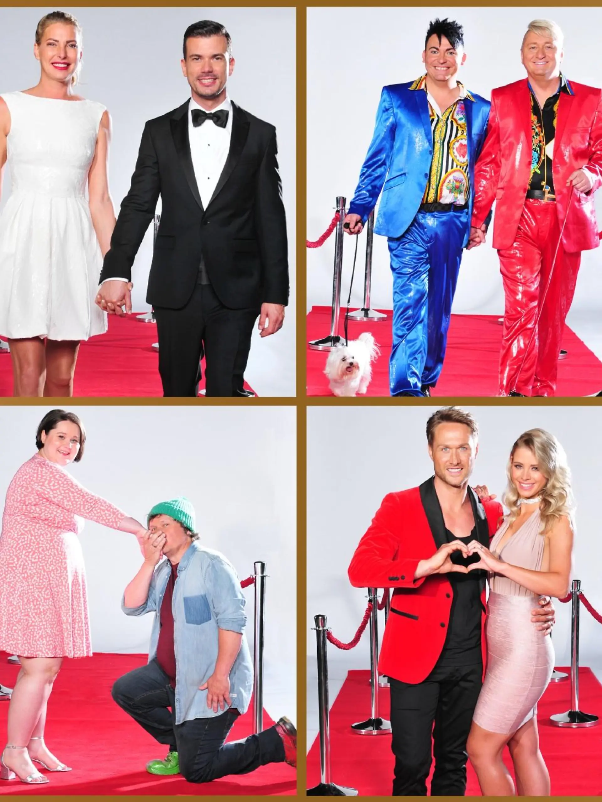 Diese acht Paare kämpfen um den Titel _DAS Promipaar 2017_: (oben v.l.) Schauspieler Martin (61) und Ehefrau Sonja Semmelrogge (53), Model und D-Jane Giulia Siegel (42) und ihr Partner Gourmet-Koch Ludwig Heer (36), Das schwule, bunte und schrille _Hot oder Schrott_ TV-Paar aus Bayern, Hubert Fella (49) und Matthias Mangiapane (34), Model und _Bachelorette_-Macho Aurelio Savina (39) und Freundin Lisa Freidinger (28). (unten v.l.)  Ex-Dschungelcamperin Helena Fürst (43) und Schlagersänger Ennesto Monte (42), TV-Schrottstar Manfred _Manni_ Ludolf (54) mit seiner offiziell zusammengeschweißten Frau Jana Ludolf (30), Model und Sänger Nico Schwanz (39) und Ex-_Bachelor_-Kandidatin Saskia Atzerodt (25),  NDW-Star und _Ich will Spaß_-Sänger Markus Mörl (57) mit Sängerin und _Mallorca Queen_ Yvonne König (46).