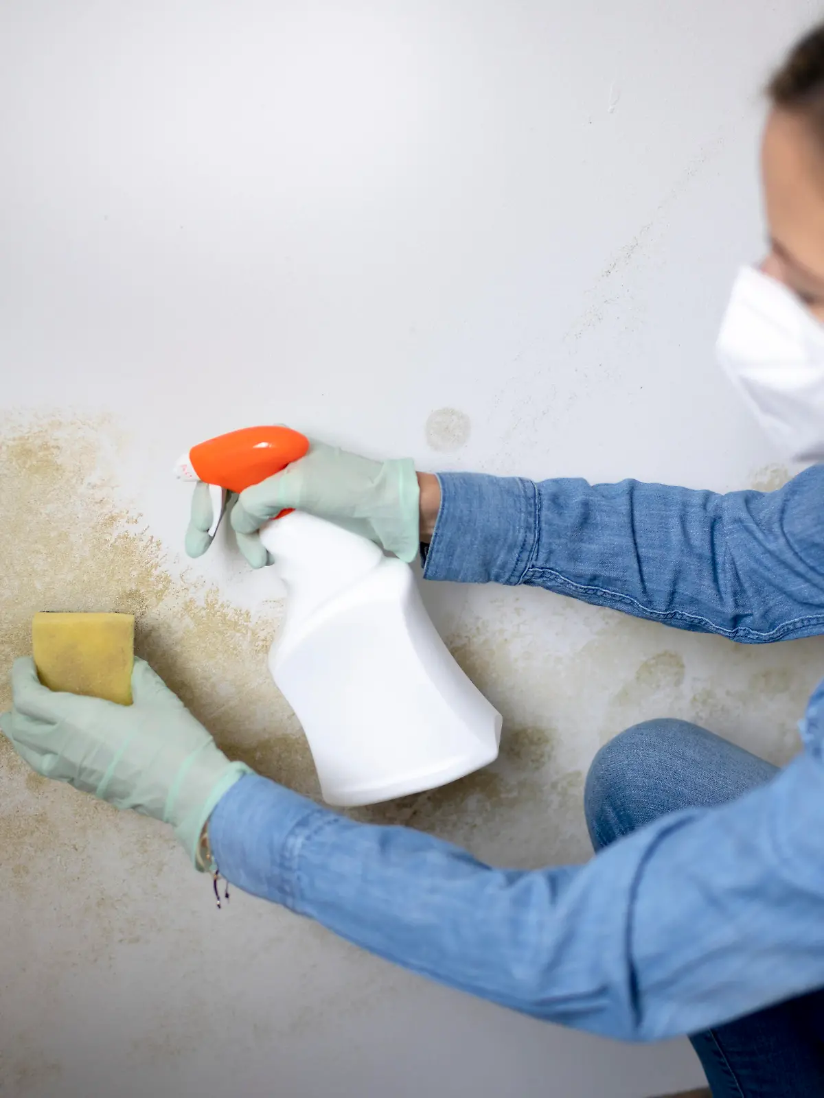 pretty blonde woman with mouth nose mask cleans mold from dirty apartment wall