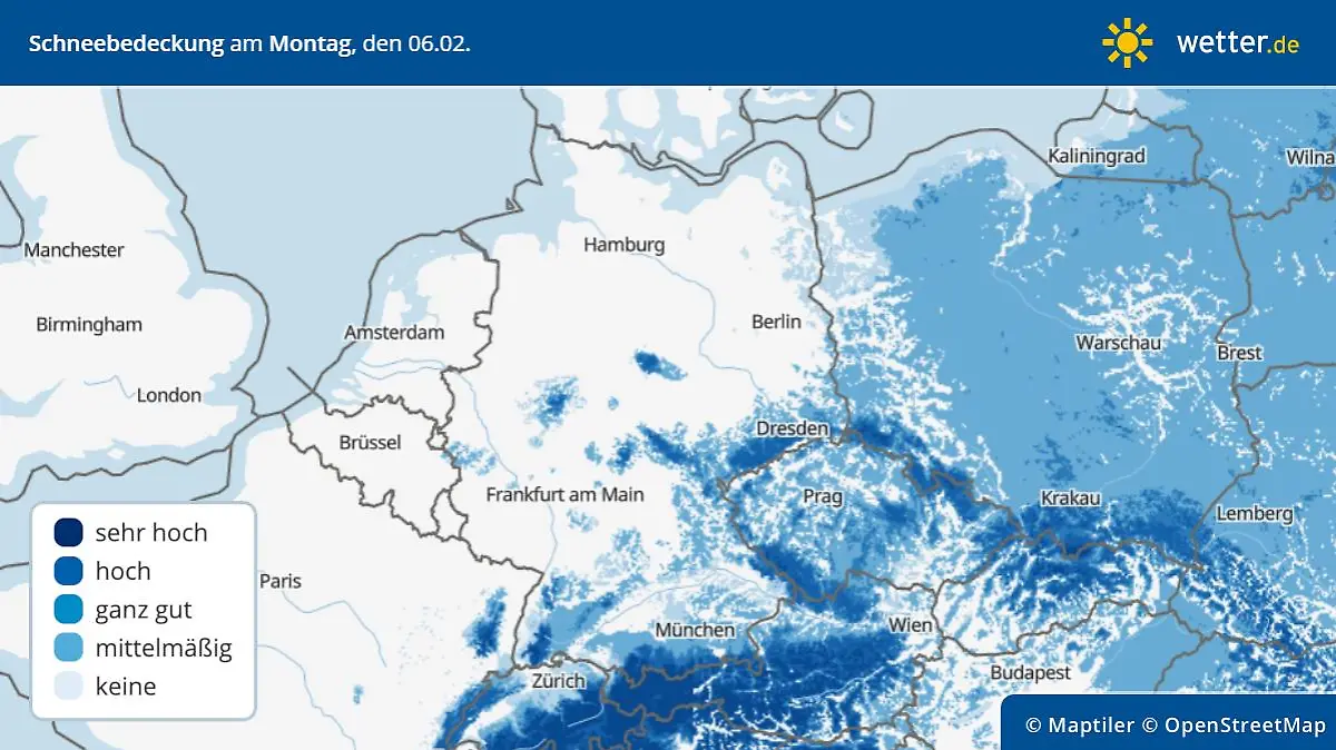 Die Grafik zeigt die Schneebedeckung am Montagmorgen, 06.02.2023