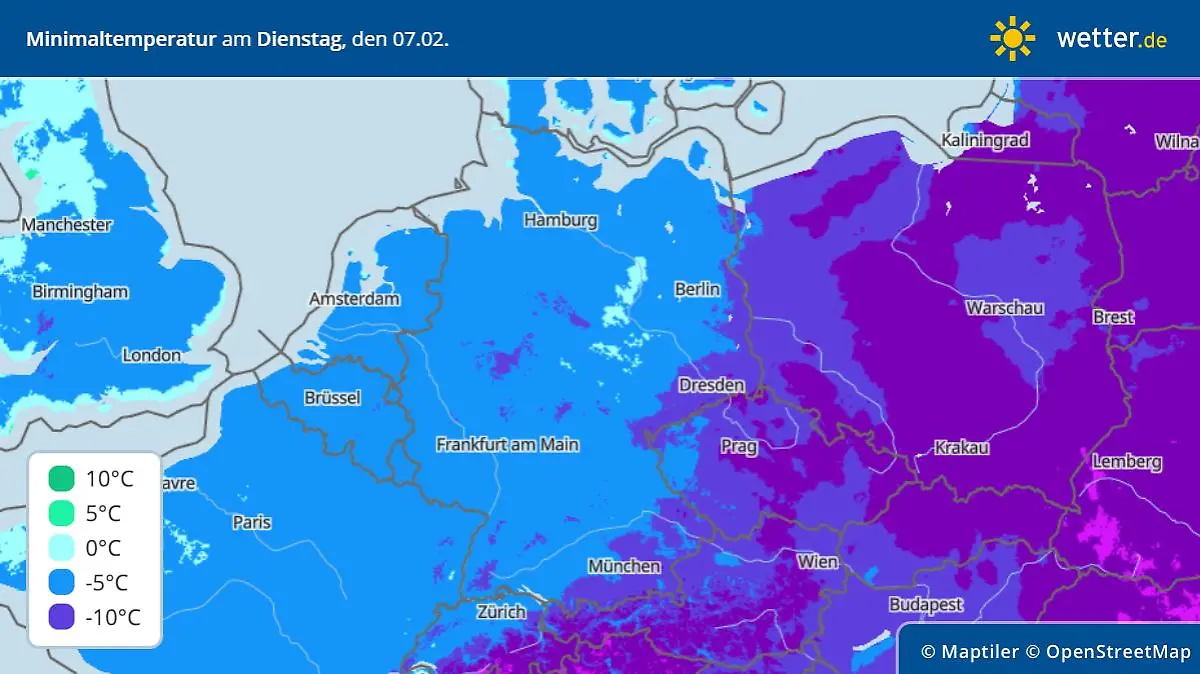 Die Grafik zeigt die Tiefstwerte am Dienstagmorgen, 07.02.2023