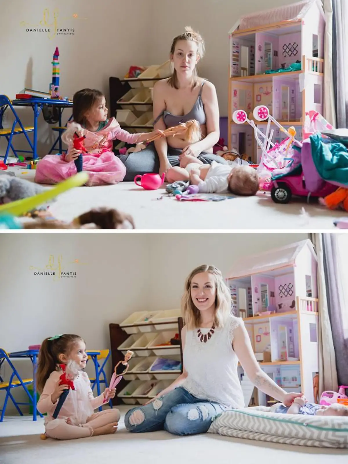 Erschöpfte Mutter sitzt auf dem Boden mit ihren Kindern. Sie leidet an postpartale Depression.