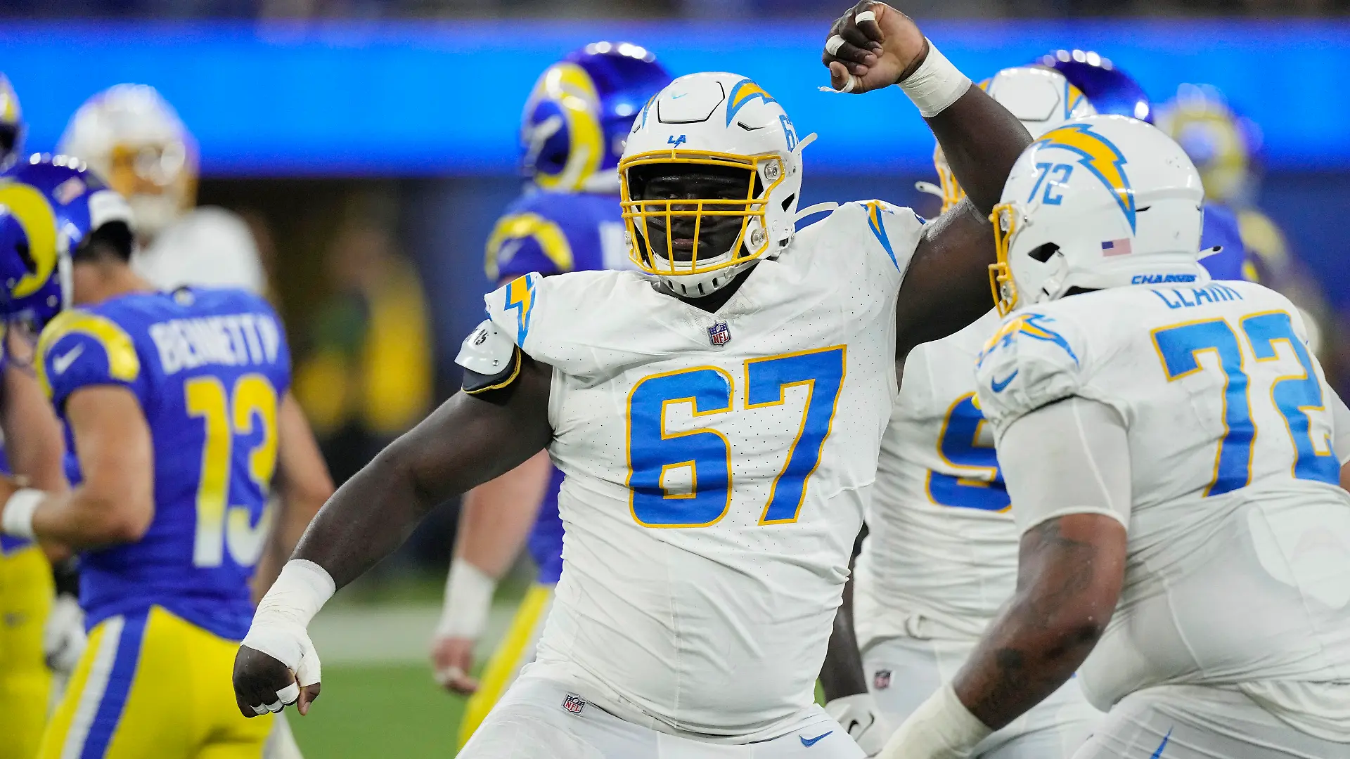Los Angeles Chargers defensive tackle CJ Okoye reacts after sacking Los Angeles Rams quarterback Stetson Bennett during the second half of a preseason NFL football game Saturday, Aug. 12, 2023, in Inglewood, Calif. (AP Photo/Mark J. Terrill)