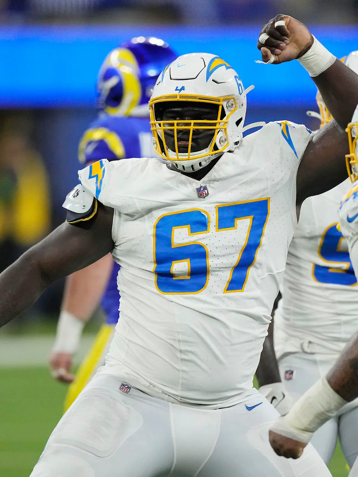Los Angeles Chargers defensive tackle CJ Okoye reacts after sacking Los Angeles Rams quarterback Stetson Bennett during the second half of a preseason NFL football game Saturday, Aug. 12, 2023, in Inglewood, Calif. (AP Photo/Mark J. Terrill)