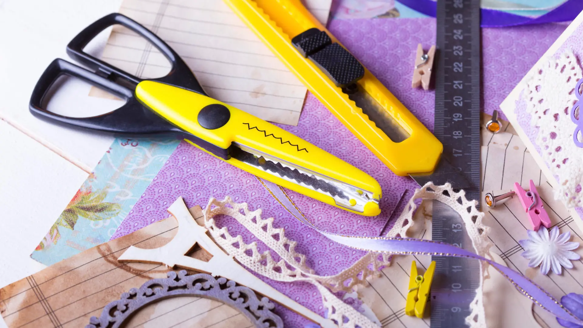 scrapbook background. Card and tools with decoration 
