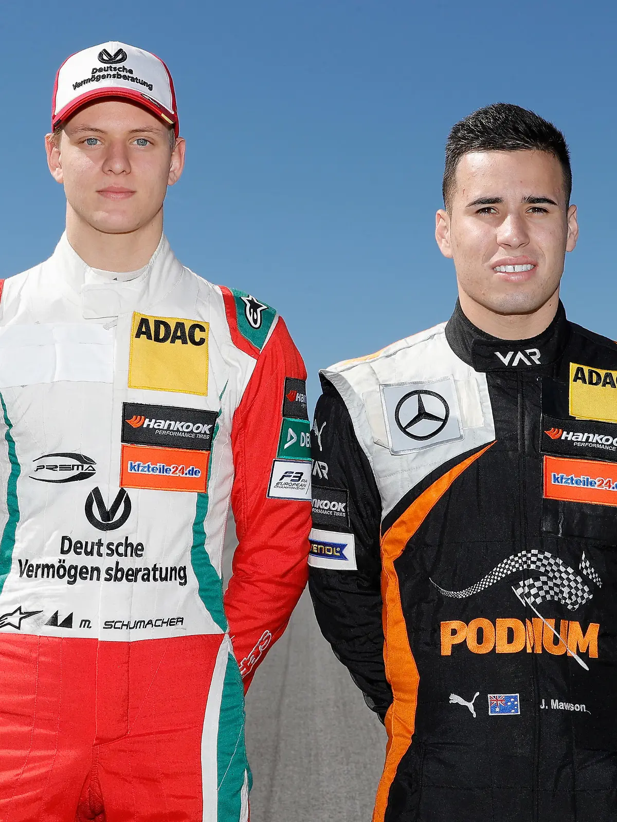 SPIELBERG, AUSTRIA - MARCH 28:  (L-R)  Mick Schumacher of Germany and Prema Powerteam and Joey Mawson of Australia and Van Amersfoort Racing pose for a photograph during the official testdays FIA F3 European Championship at Red Bull Ring on March 28, 2017 in Spielberg, Austria.  (Photo by Andreas Rentz/Getty Images)