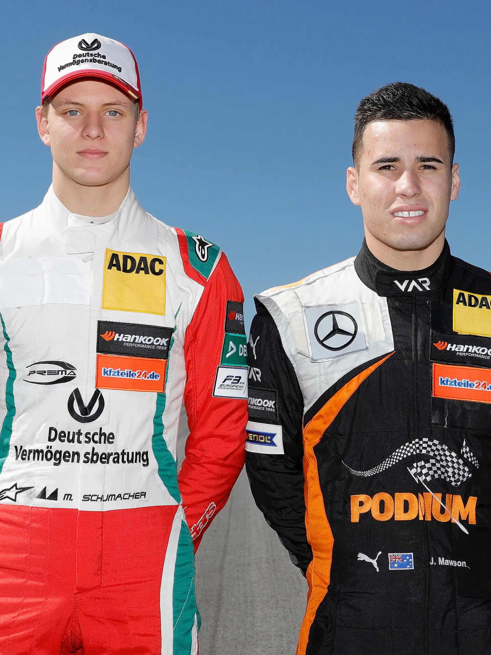 SPIELBERG, AUSTRIA - MARCH 28:  (L-R)  Mick Schumacher of Germany and Prema Powerteam and Joey Mawson of Australia and Van Amersfoort Racing pose for a photograph during the official testdays FIA F3 European Championship at Red Bull Ring on March 28, 2017 in Spielberg, Austria.  (Photo by Andreas Rentz/Getty Images)