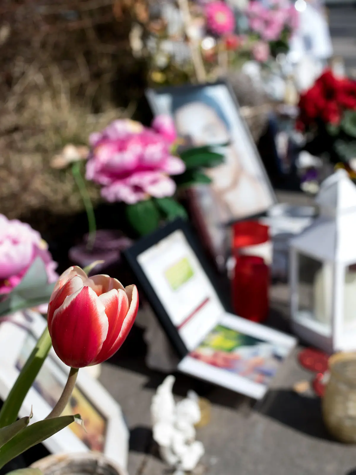 Blumen, Kerzen und Fotos liegen am 17.03.2017 vor dem Olympia-Einkaufszentrum (OEZ), ein Schauplatz des Amoklaufs, in München (Bayern).  Fast acht Monate nach dem blutigen Amoklauf in München sind die Ermittlungen dazu abgeschlossen. Die Staatsanwaltschaft München I und das Bayerische Landeskriminalamt wollen am 17.03.2017 die Ergebnisse vorstellen. Foto: Sven Hoppe/dpa +++(c) dpa - Bildfunk+++
